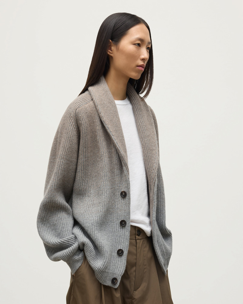 Johnstons of Elgin Pioneer Light Brown to Grey Shawl Collar Cashmere Cardigan outlook