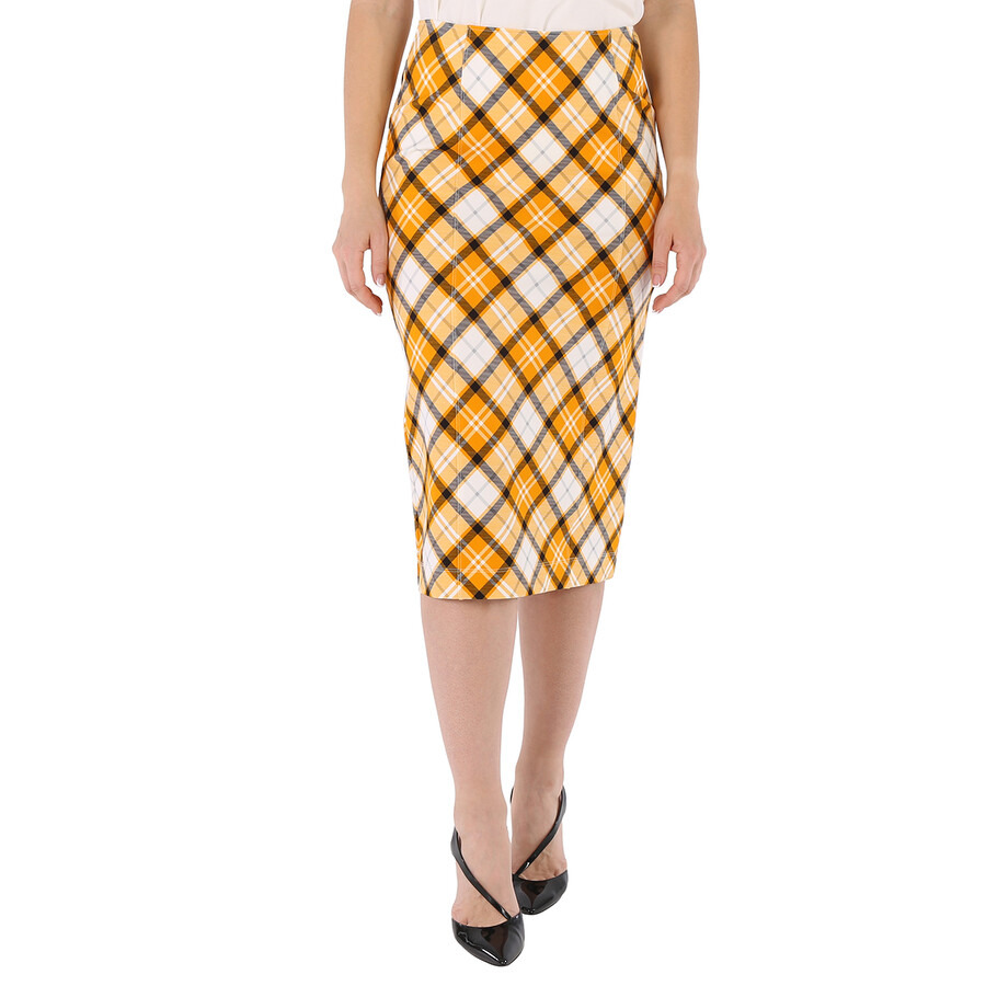 Burberry Ladies Citrus Orange Check Print Stretch Jersey Pencil Skirt - 14