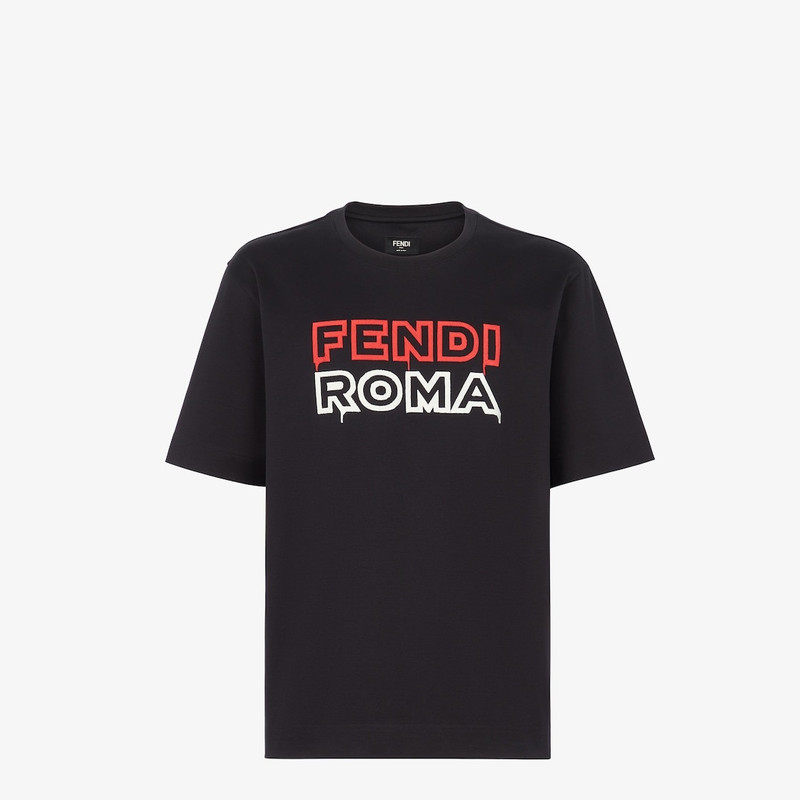 Short-sleeved, oversize, crew neck T-shirt. Made of black cotton jersey, printed with the Fendi Roma 1
