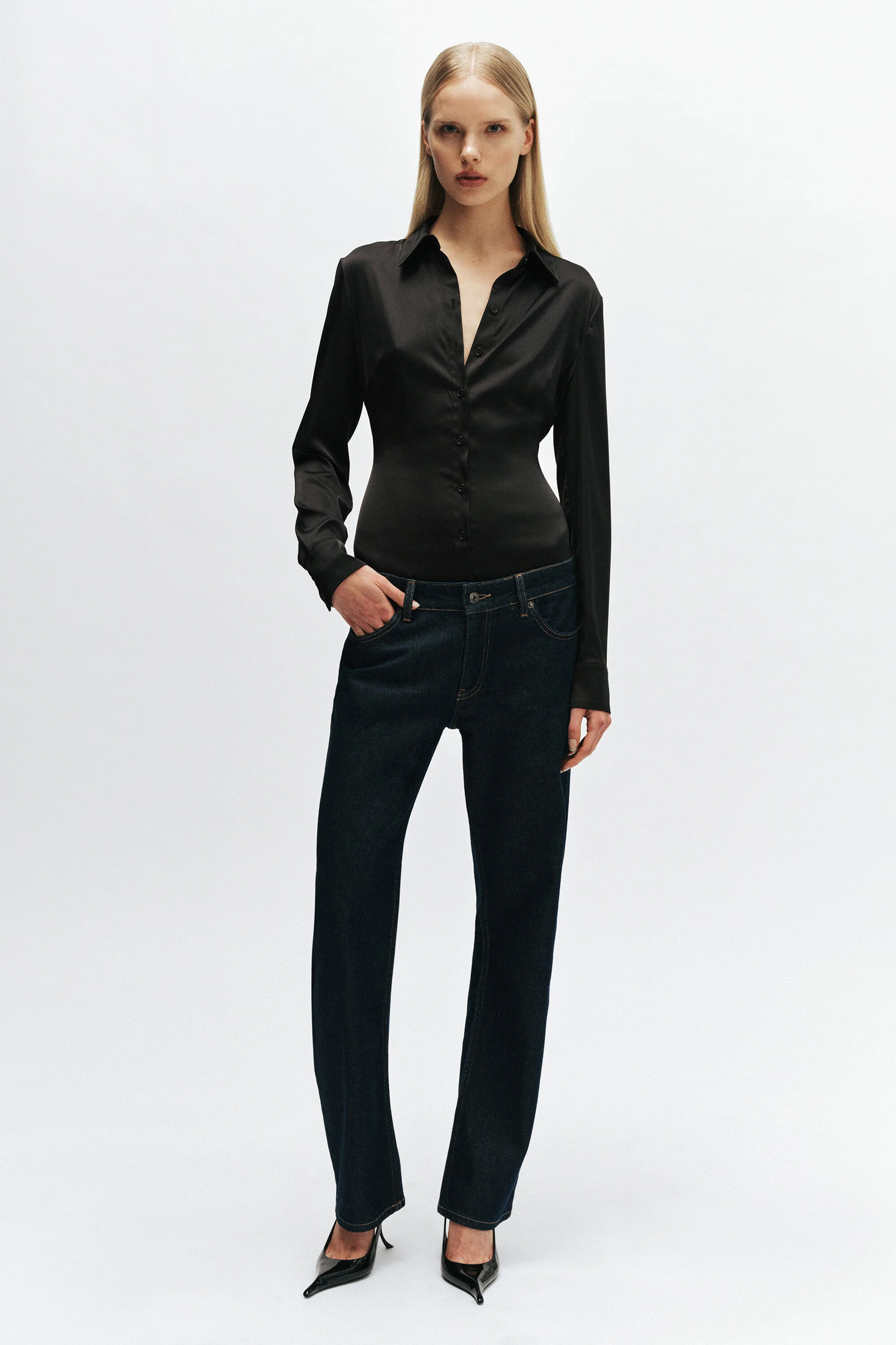 Trina Fitted Satin Shirt In Black - 1