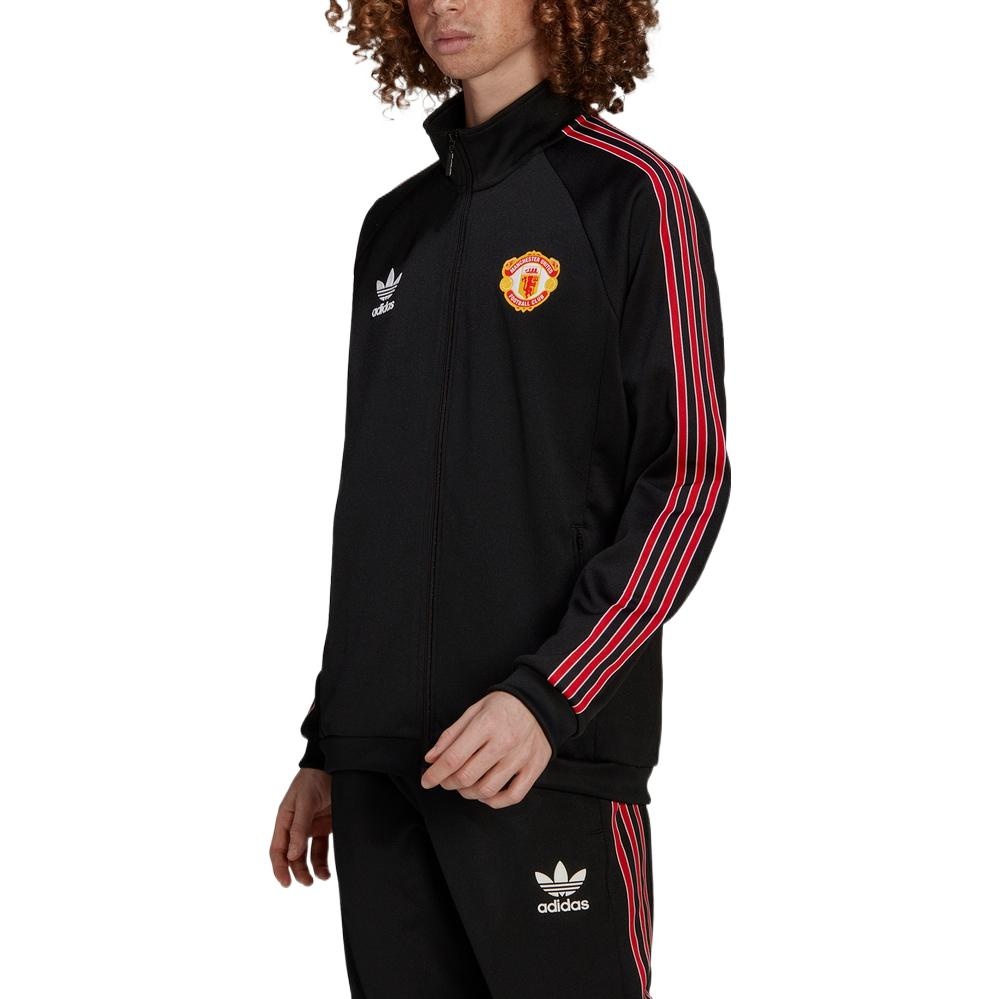 Men's adidas originals SS22 Manchester United Sports Stripe Logo Stand Collar Jacket Black HP0454 - 5