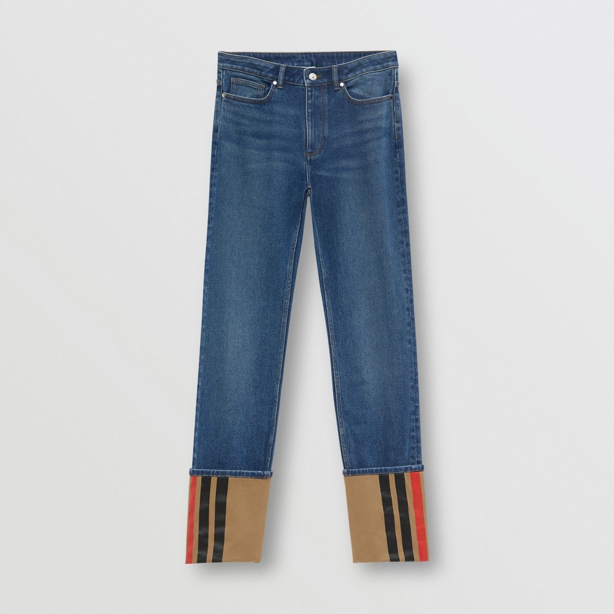 Straight Fit Striped Cuff Washed Jeans - 1