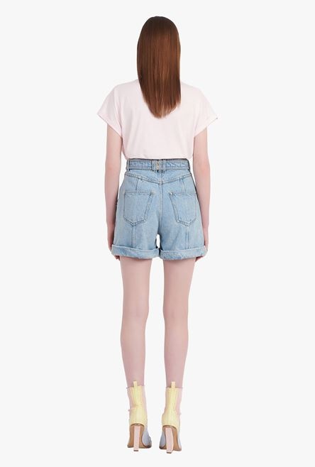 Light blue eco-designed denim high-waisted shorts with Balmain buckle - 3