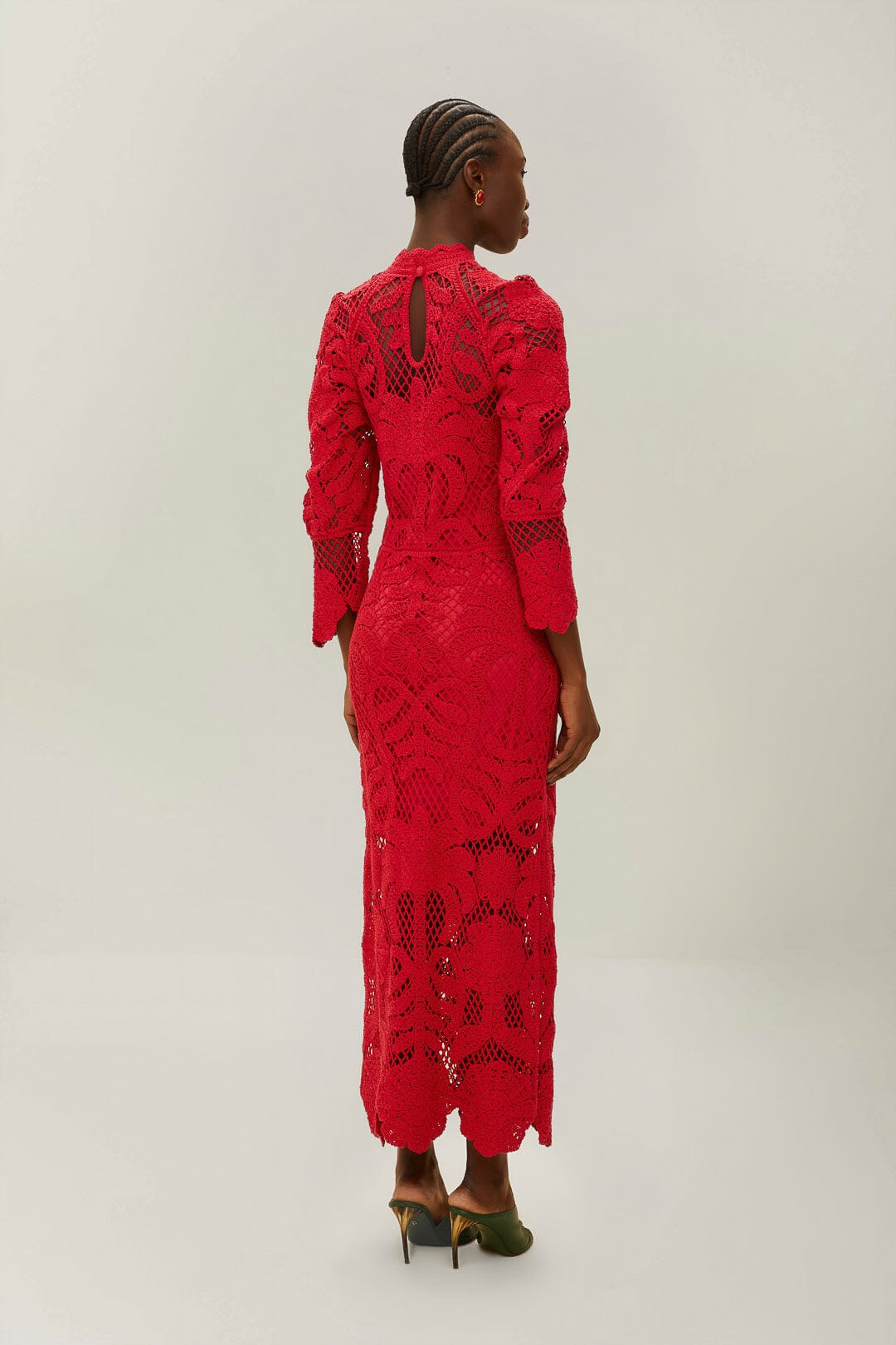 Red Lace Long Sleeve Knit Dress - 3