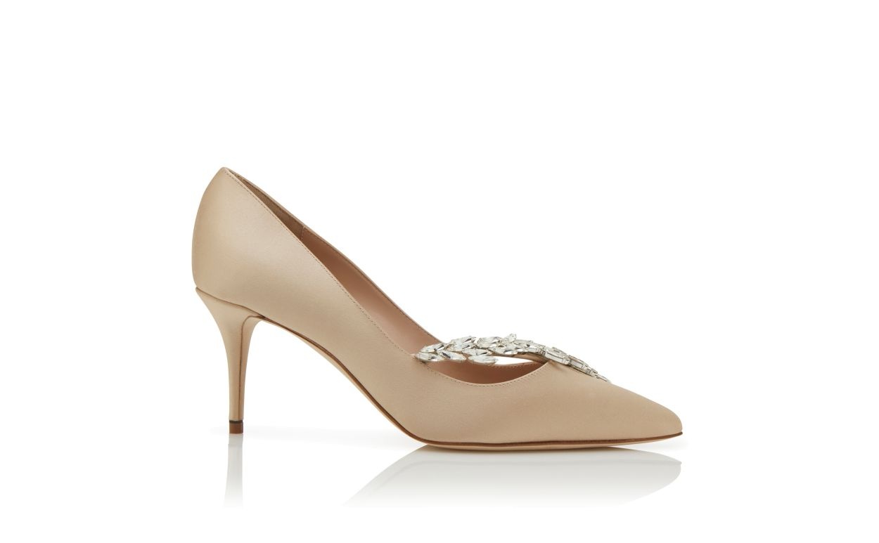 Beige Satin Jewel Buckle Pumps - 1