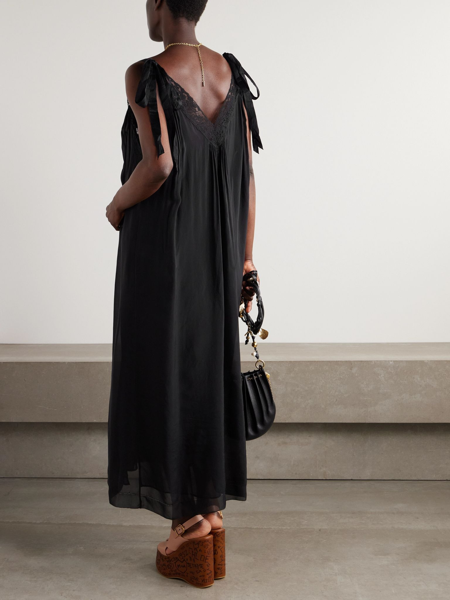 Lace-trimmed organic silk-charmeuse midi dress Black - 3