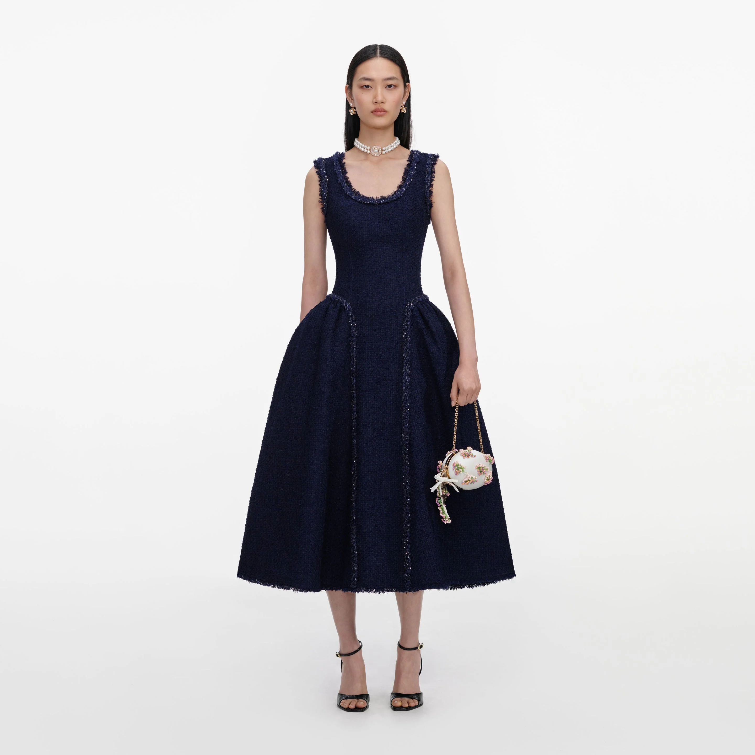 Navy Boucle Midi Dress - 1