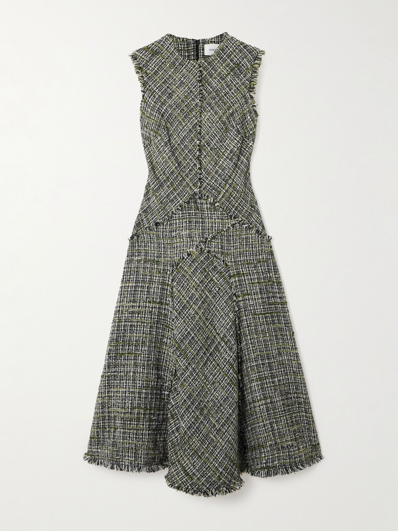 Paneled frayed tweed midi dress Gray green - 1