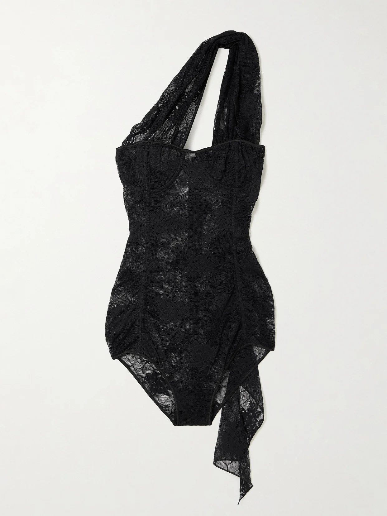 One-shoulder Draped Stretch-lace Bodysuit - 1