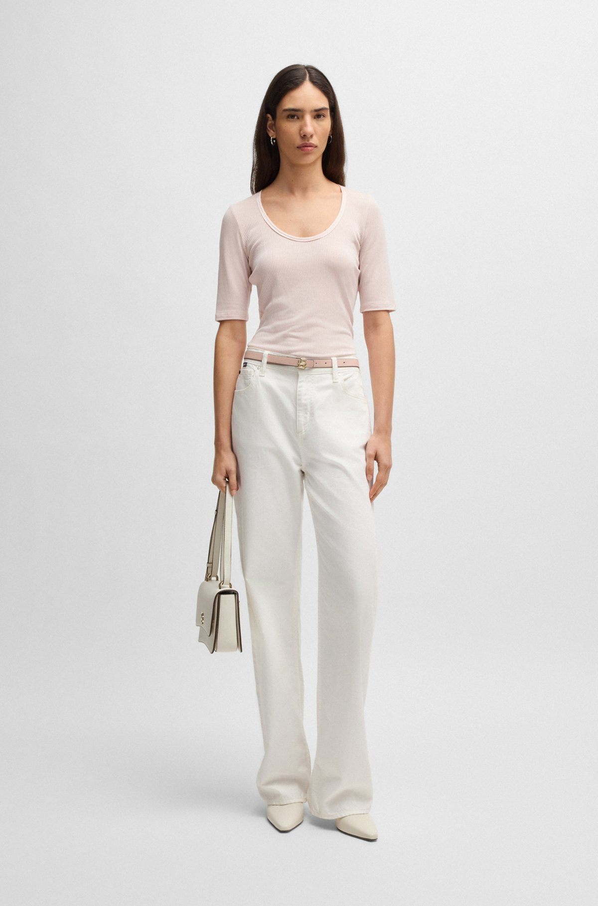 SCOOP-NECK T-SHIRT IN RIBBED STRETCH FABRIC - 3