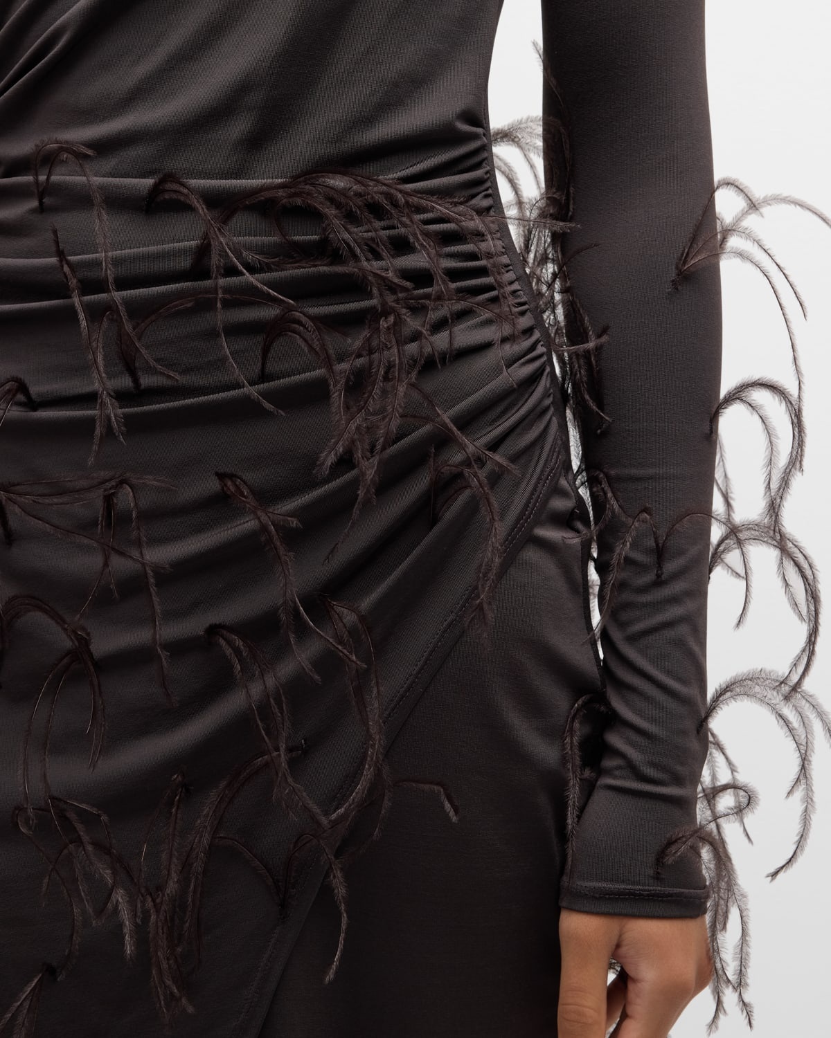 Feather-Trim Long-Sleeve Draped Jersey Mini Dress - 5