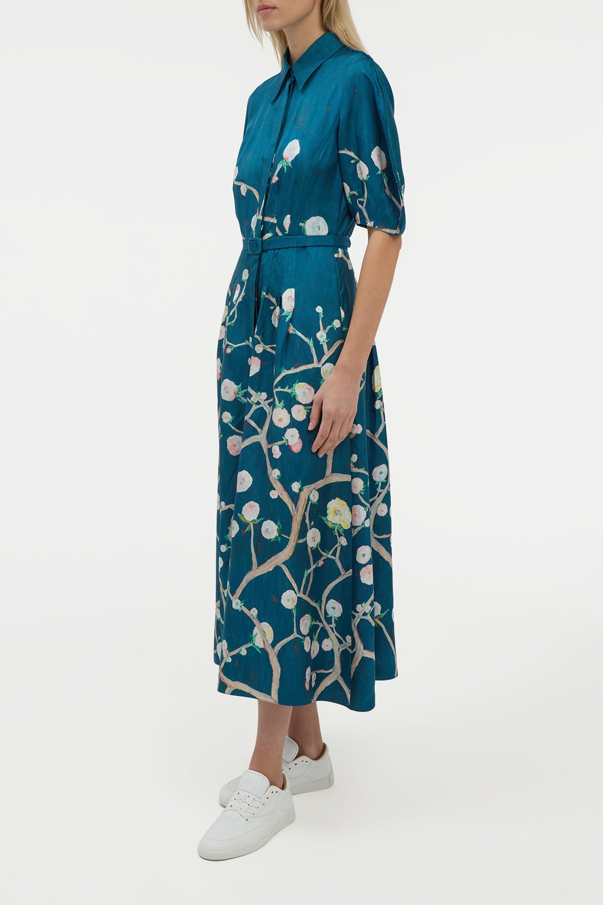 Maude Pleated Midi Shirtdress in Blue Multi Printed Silk Twill - 4