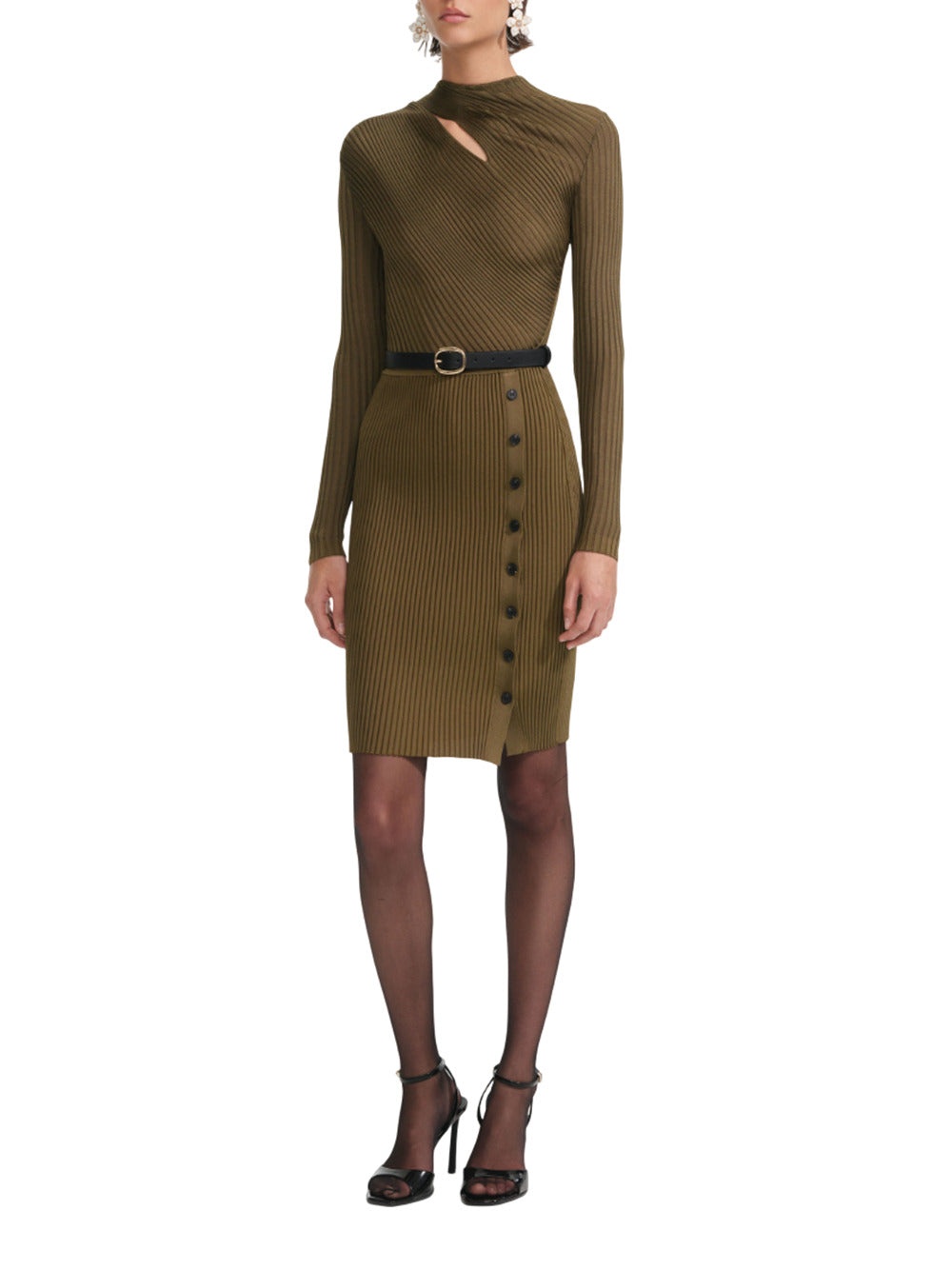 Ribbed Knit Mini Dress With Cut-Outs In Khaki - 2