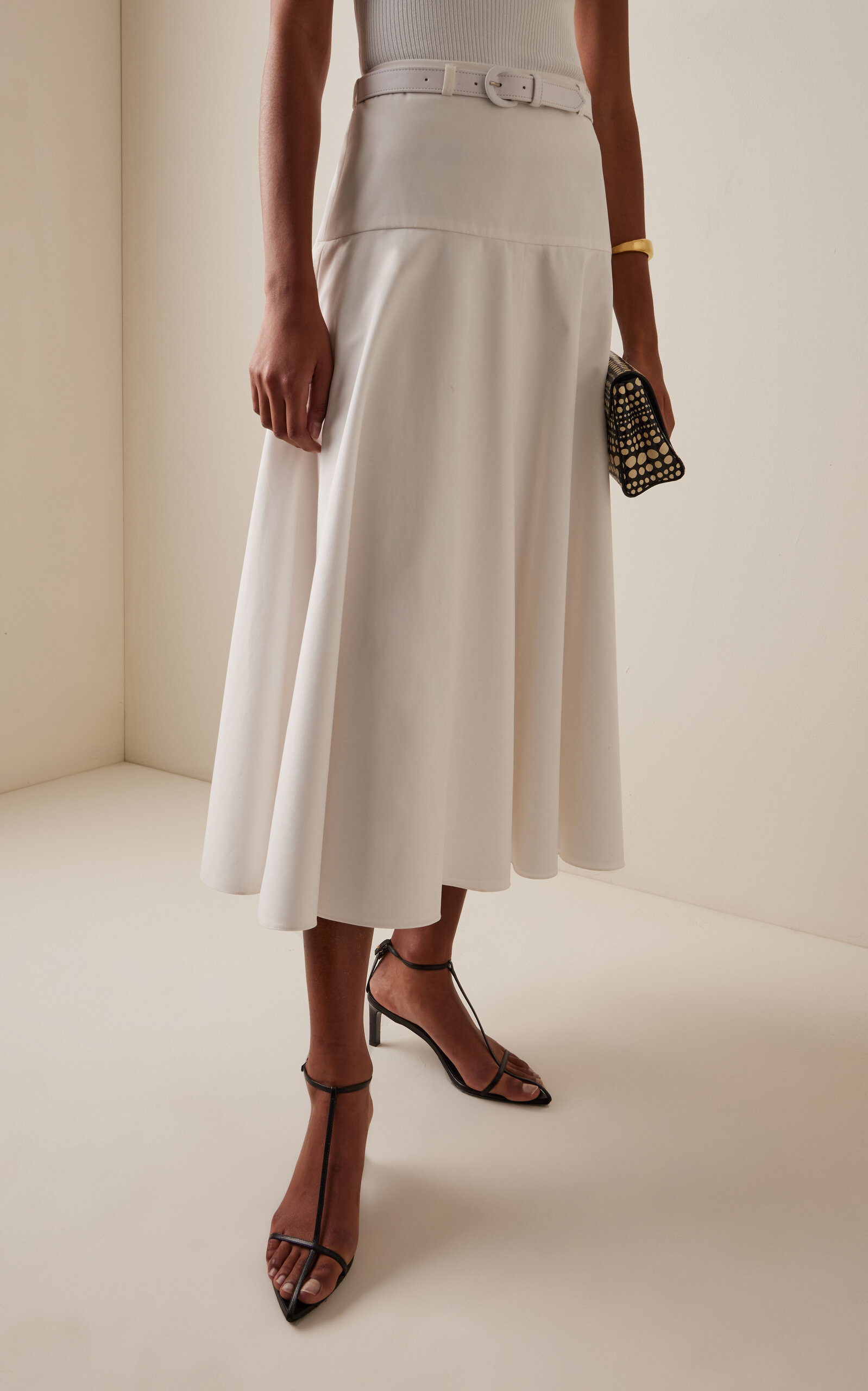 Exclusive RIviera Belted Cotton Midi Skirt white - 3