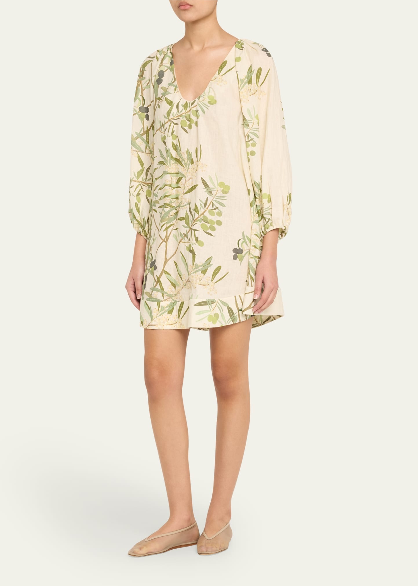 Flowy Puff-Sleeve Printed Linen Mini Dress - 4