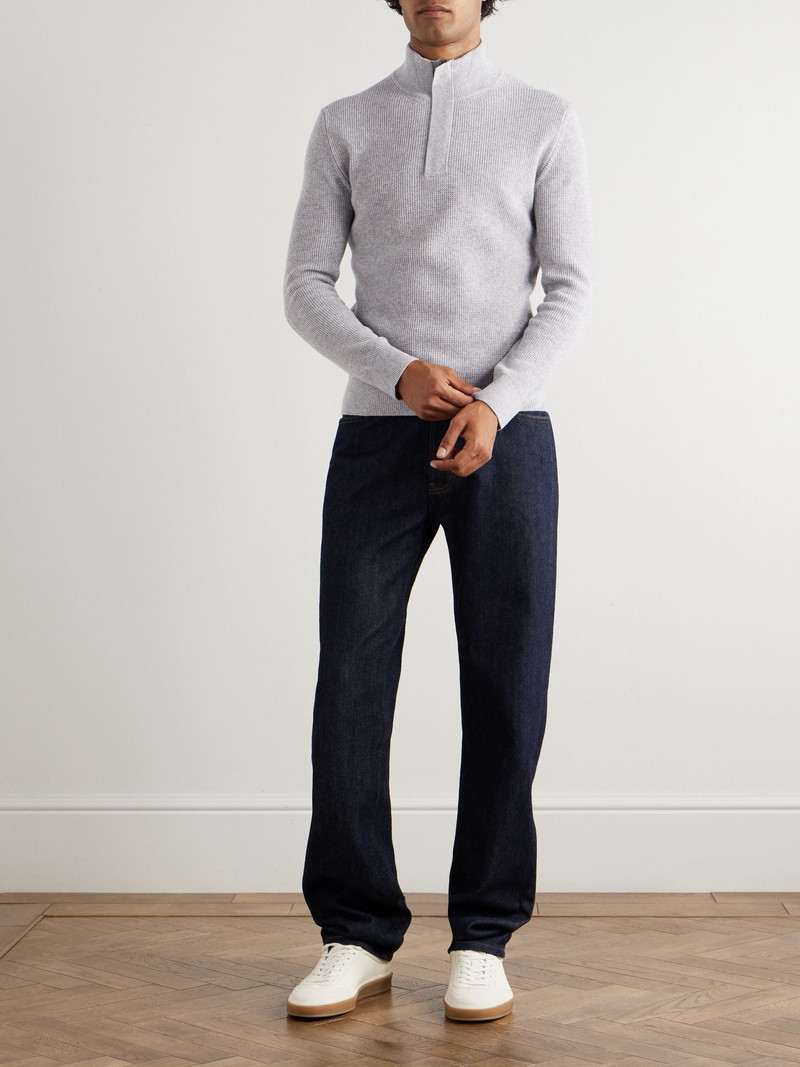 Canali Slim-Fit Suede-Trimmed Ribbed Wool and Cashmere-Blend Half-Zip Sweater Gray outlook