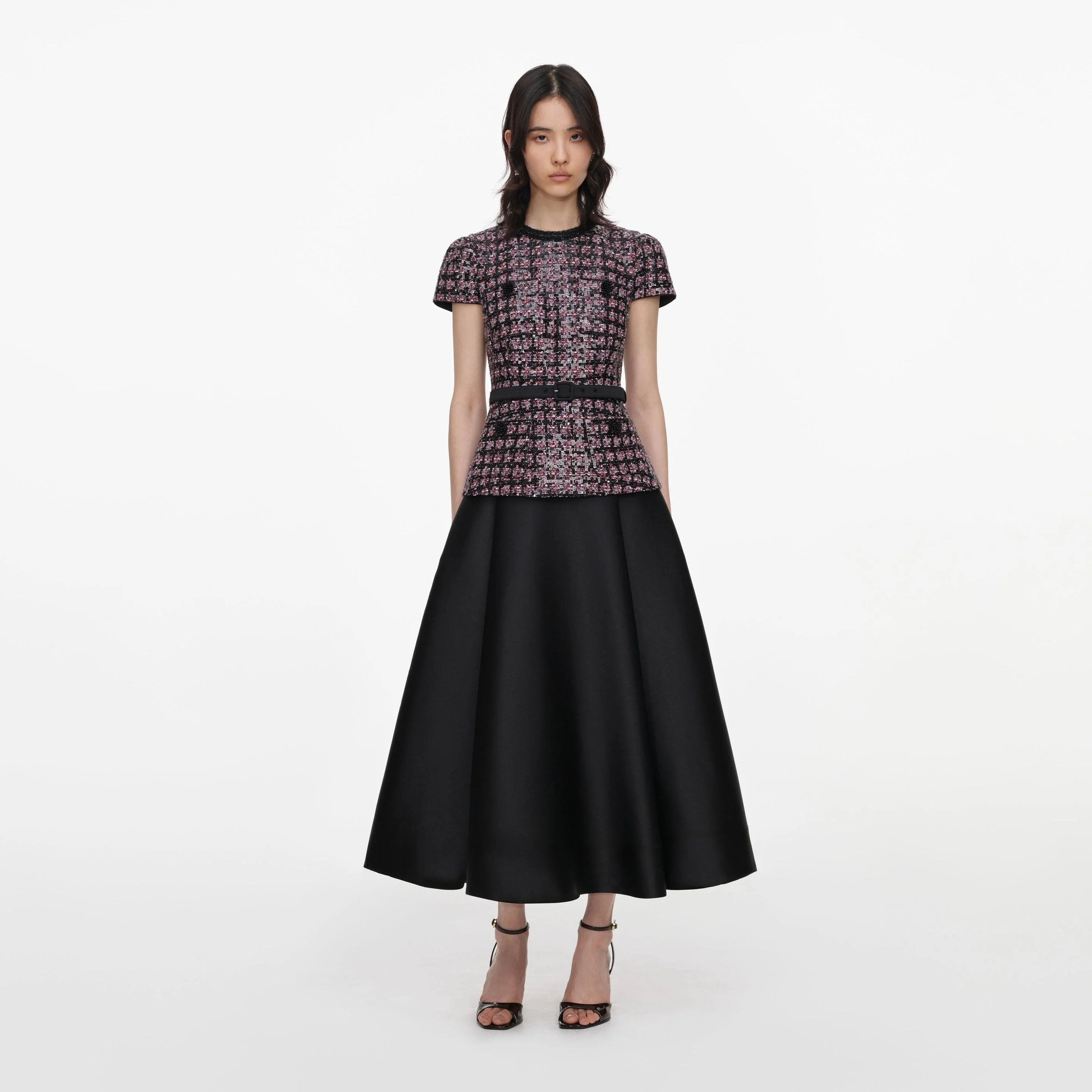 Pink and Black Sequin Boucle Midi Dress - 1