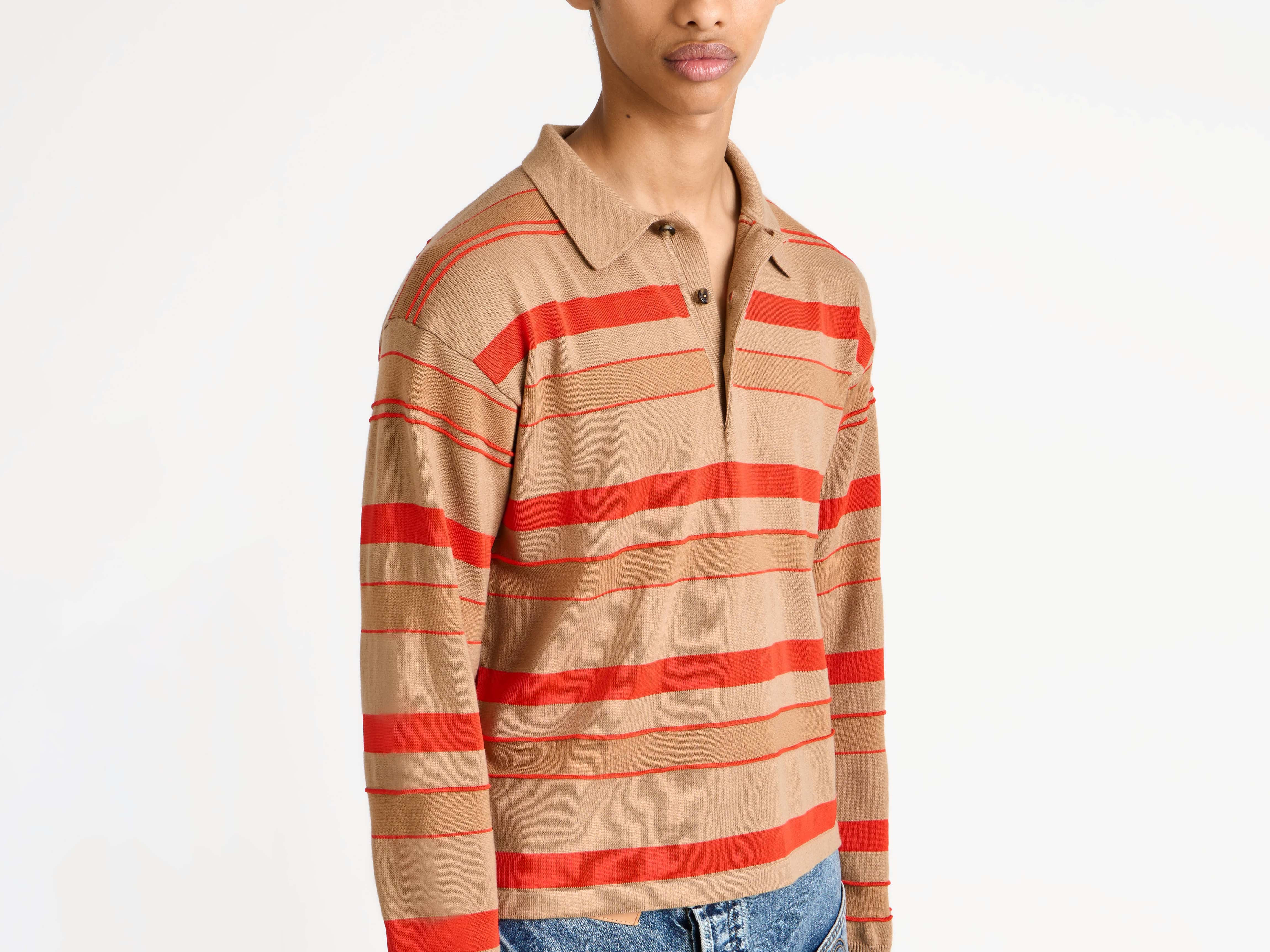 KNITTED STRIPED RUGBY POLO TOP IN BISCUIT - 4