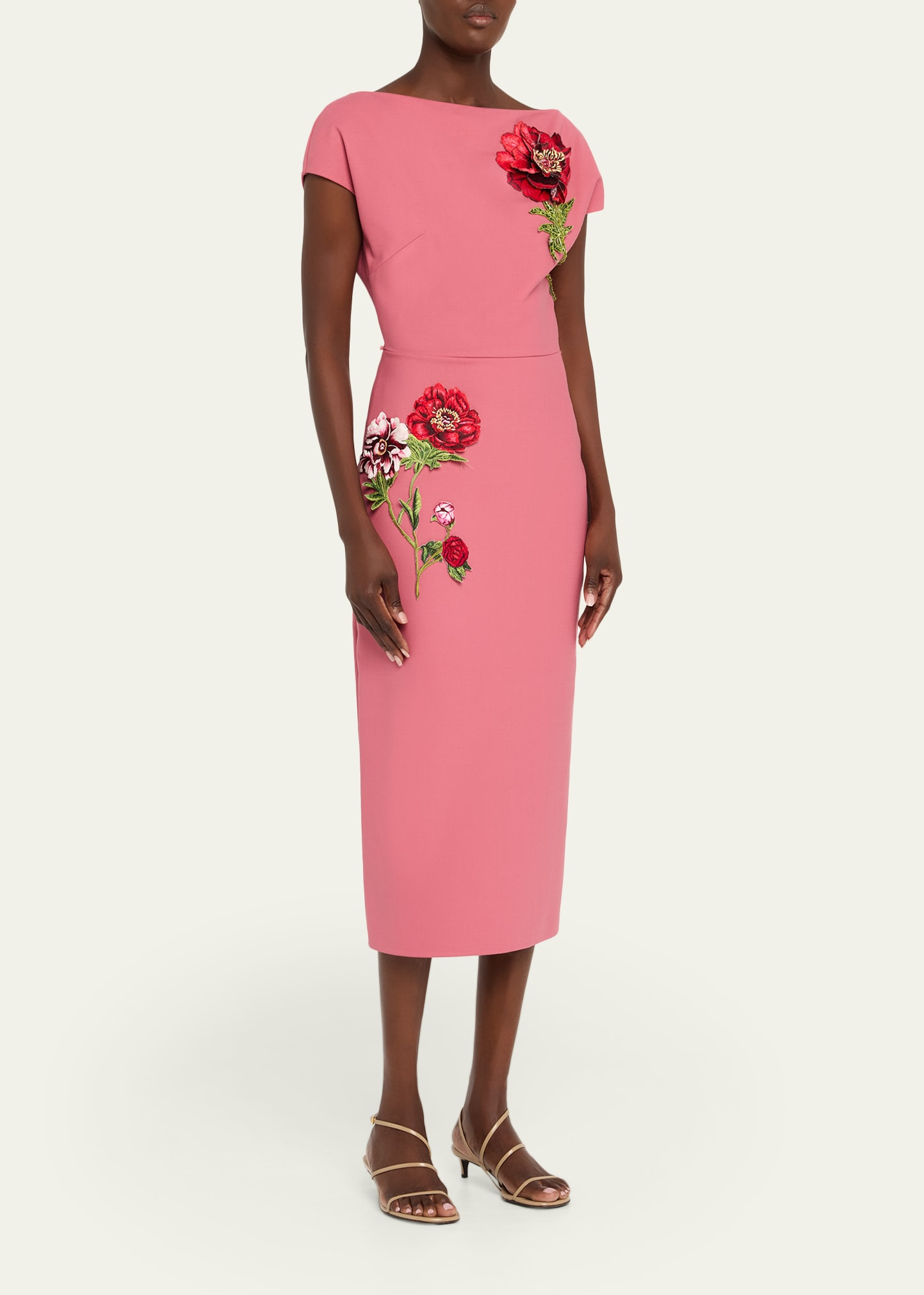 Floral Embroidered Short-Sleeve Wool Midi Dress - 4
