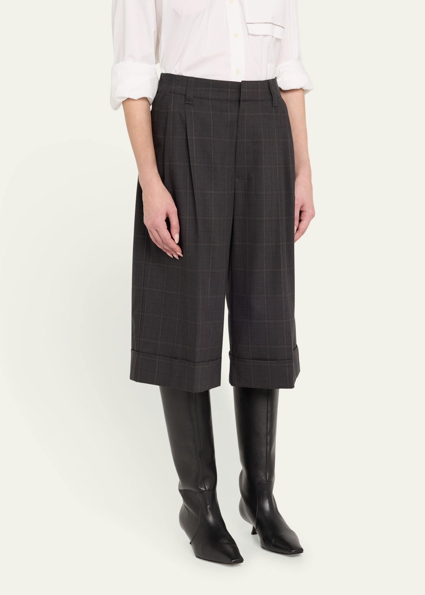 Windowpane Bermuda Pleated Wool Shorts - 4