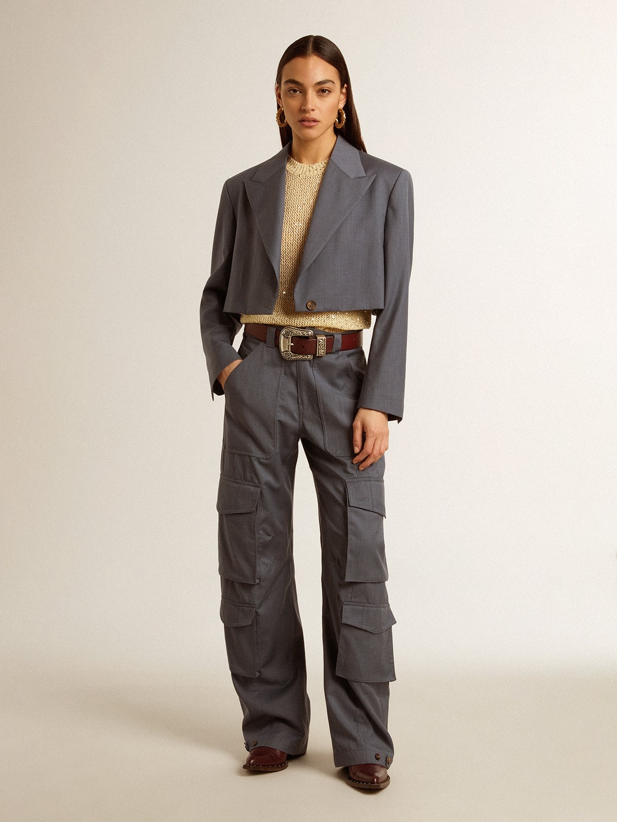 Women's cargo pants in baby blue wool - 3