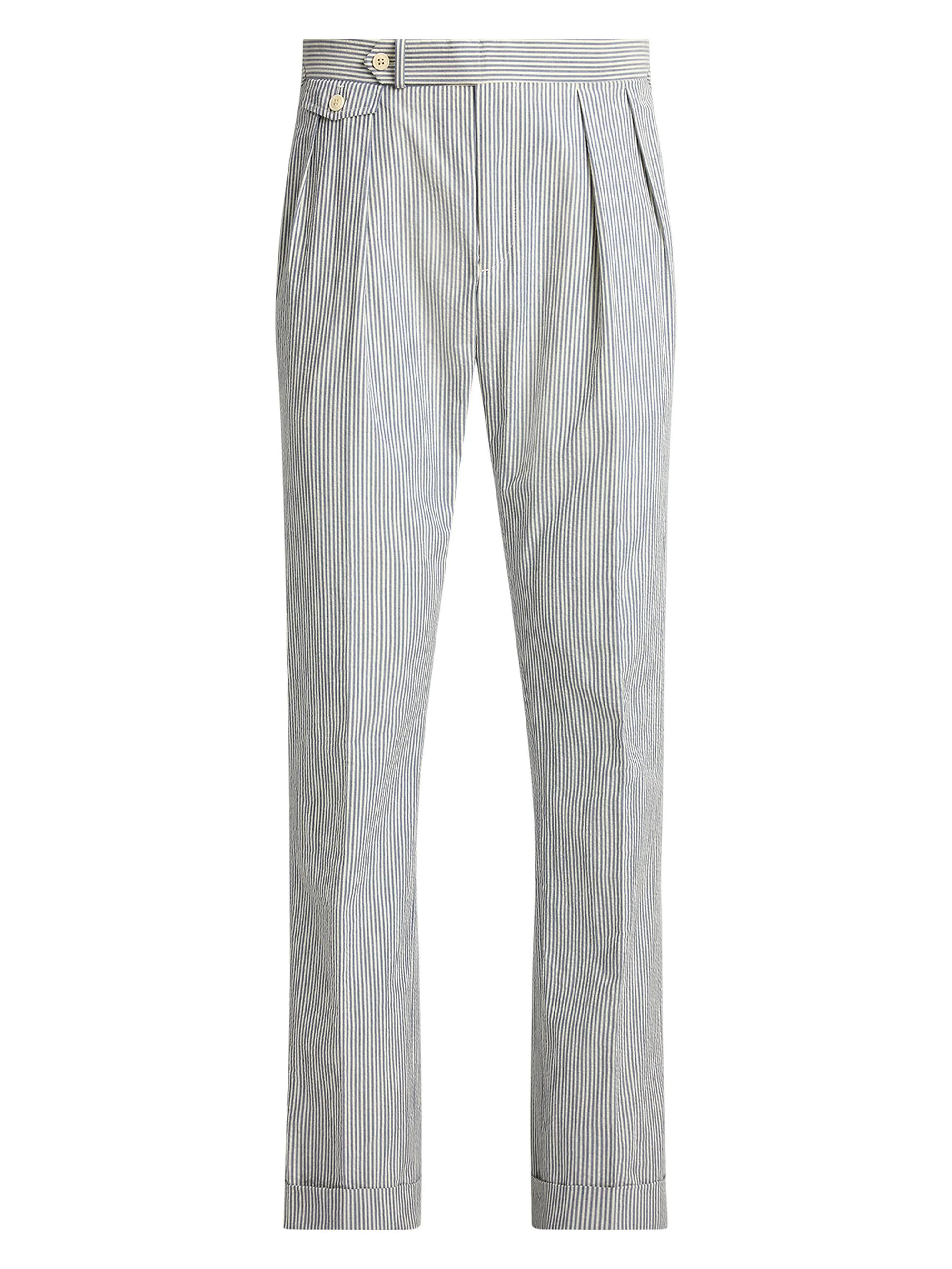 Men's Pinstriped Cotton Seersucker Pleated-Front Pants - Vintage Blue Vintage Cream - 1