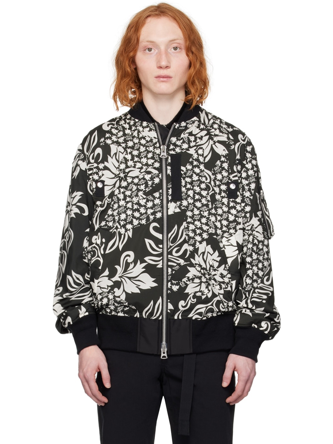 Black & White Floral Bomber Jacket - 1