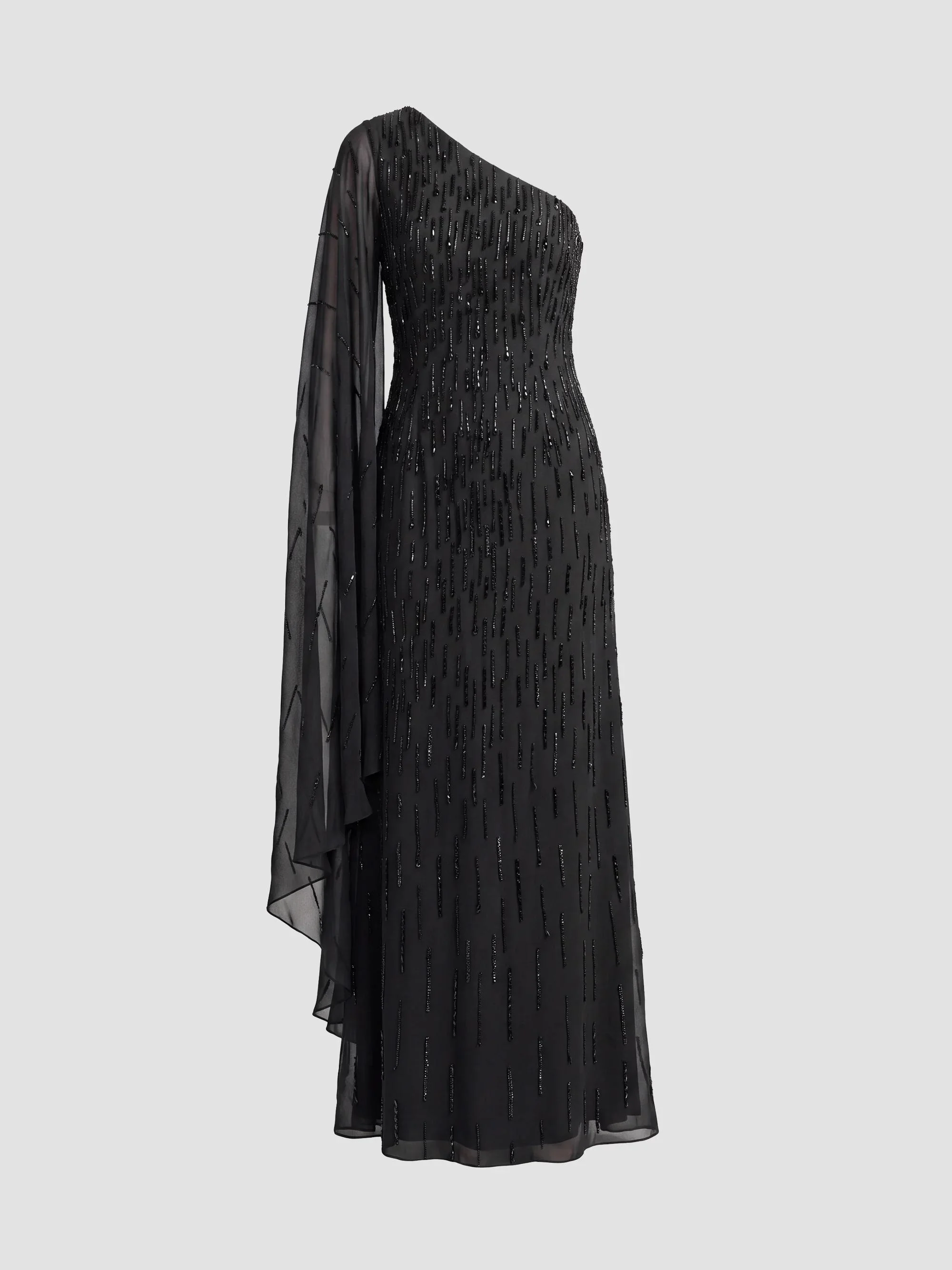 Women's Beaded Mesh One-Sleeve Column Gown - Black - 1