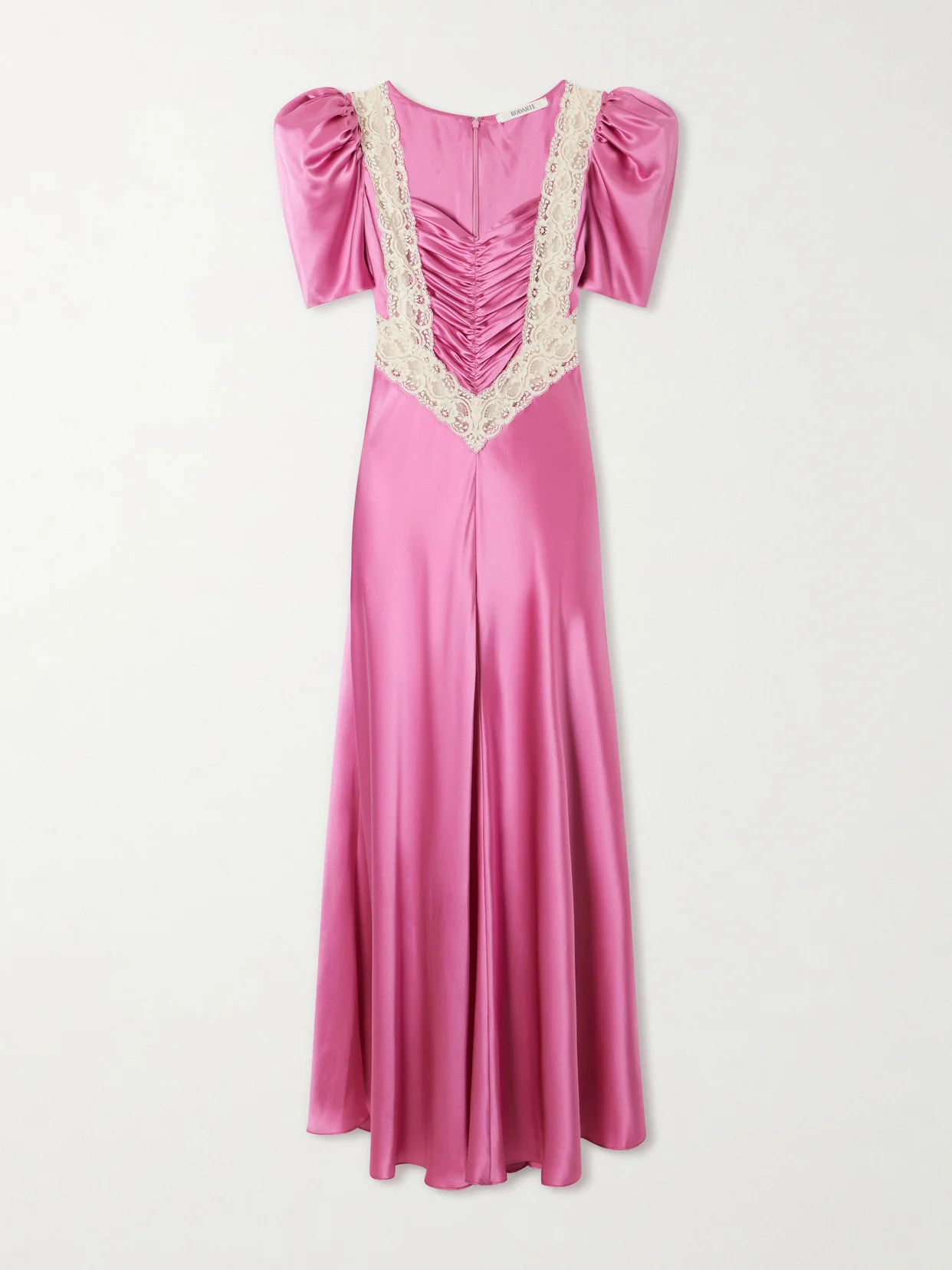 Ruched Embroidered Lace-trimmed Silk-twill Maxi Dress - 1