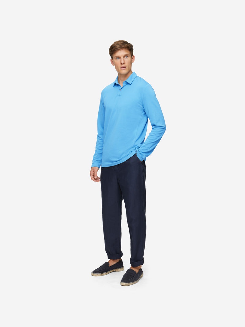 Men's Long Sleeve Polo Shirt Ramsay 4 Pique Cotton Tencel Blue - 5