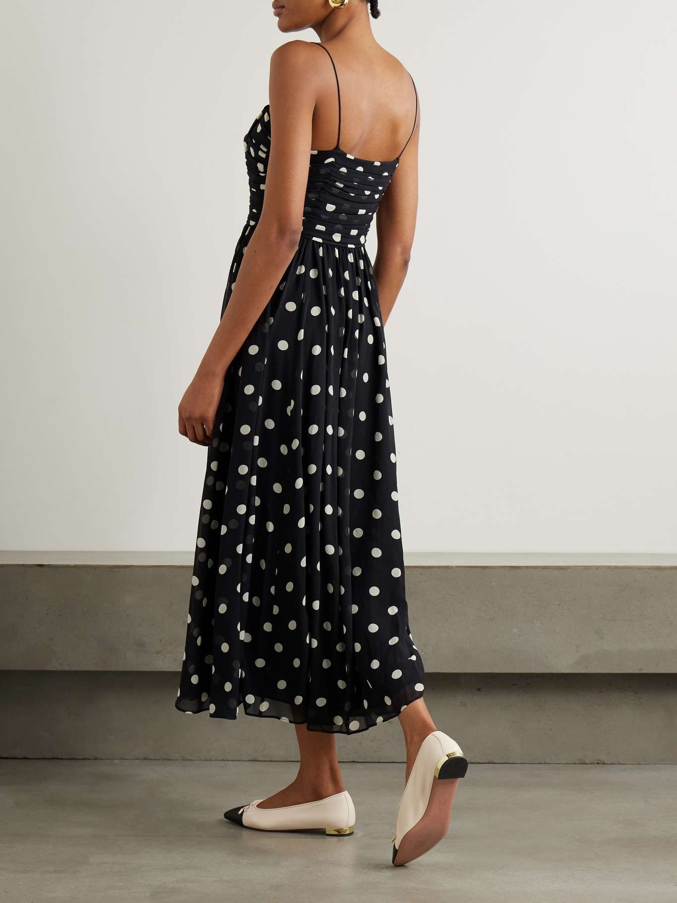 Maryanna bow-detailed ruched polka-dot silk-georgette midi dress Black - 3