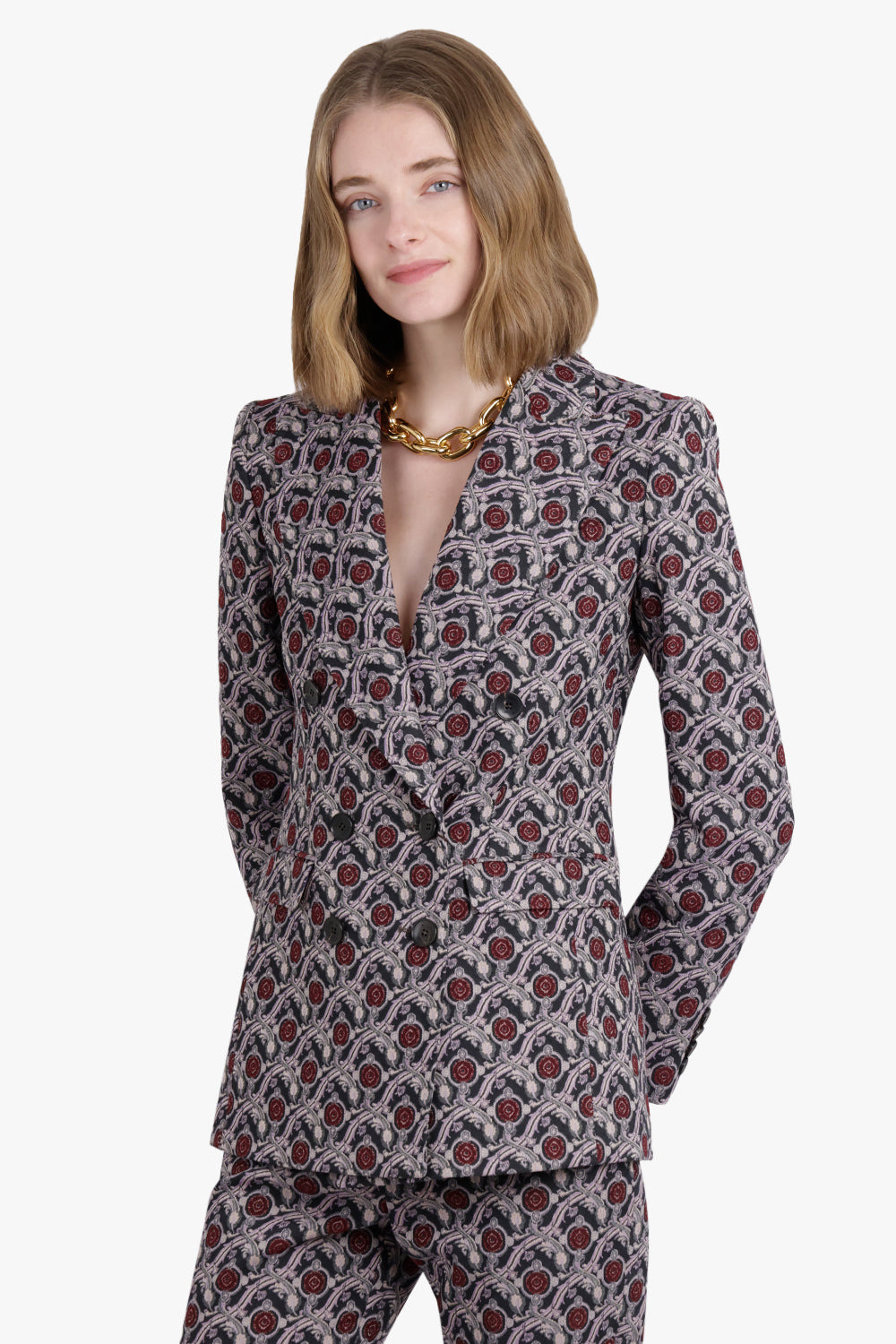 DOUBLE BREASTED GEOMETRIC FLORAL PRINT JACKET | BLUE/PINK - 2