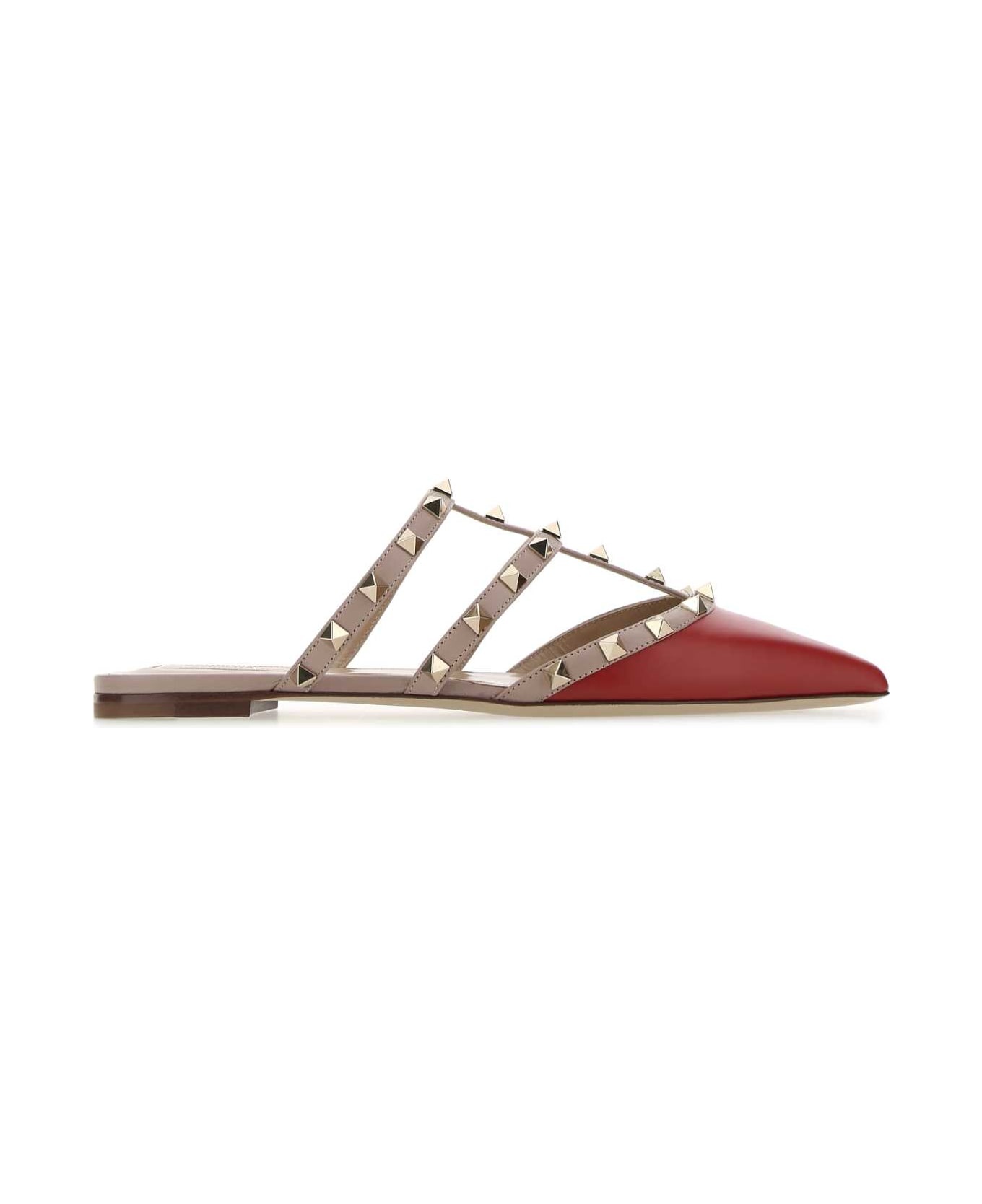 Red Leather Rockstud Slippers - 1