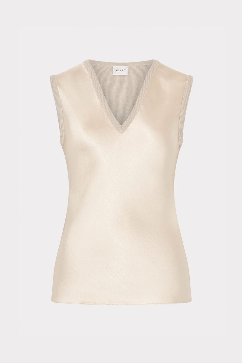 Satin Knit Combination V-Neck Top 1
