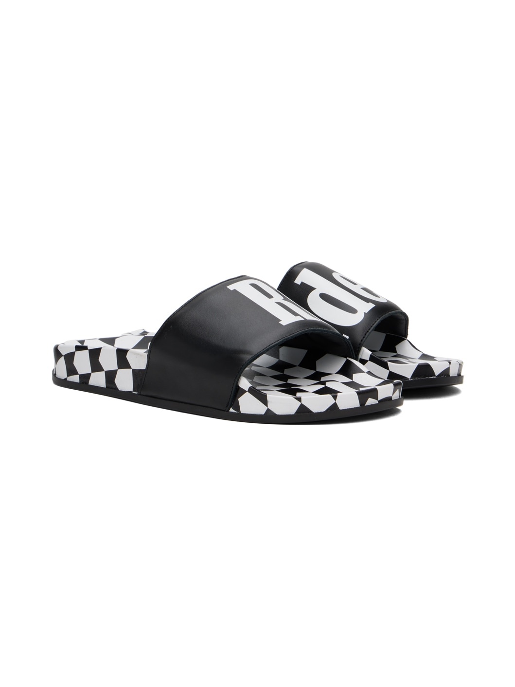 Black Checkered Leather Slides - 4