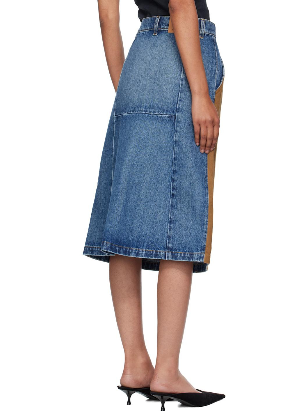 Blue & Tan Mixed Denim & Faux-Suede Midi Skirt - 3