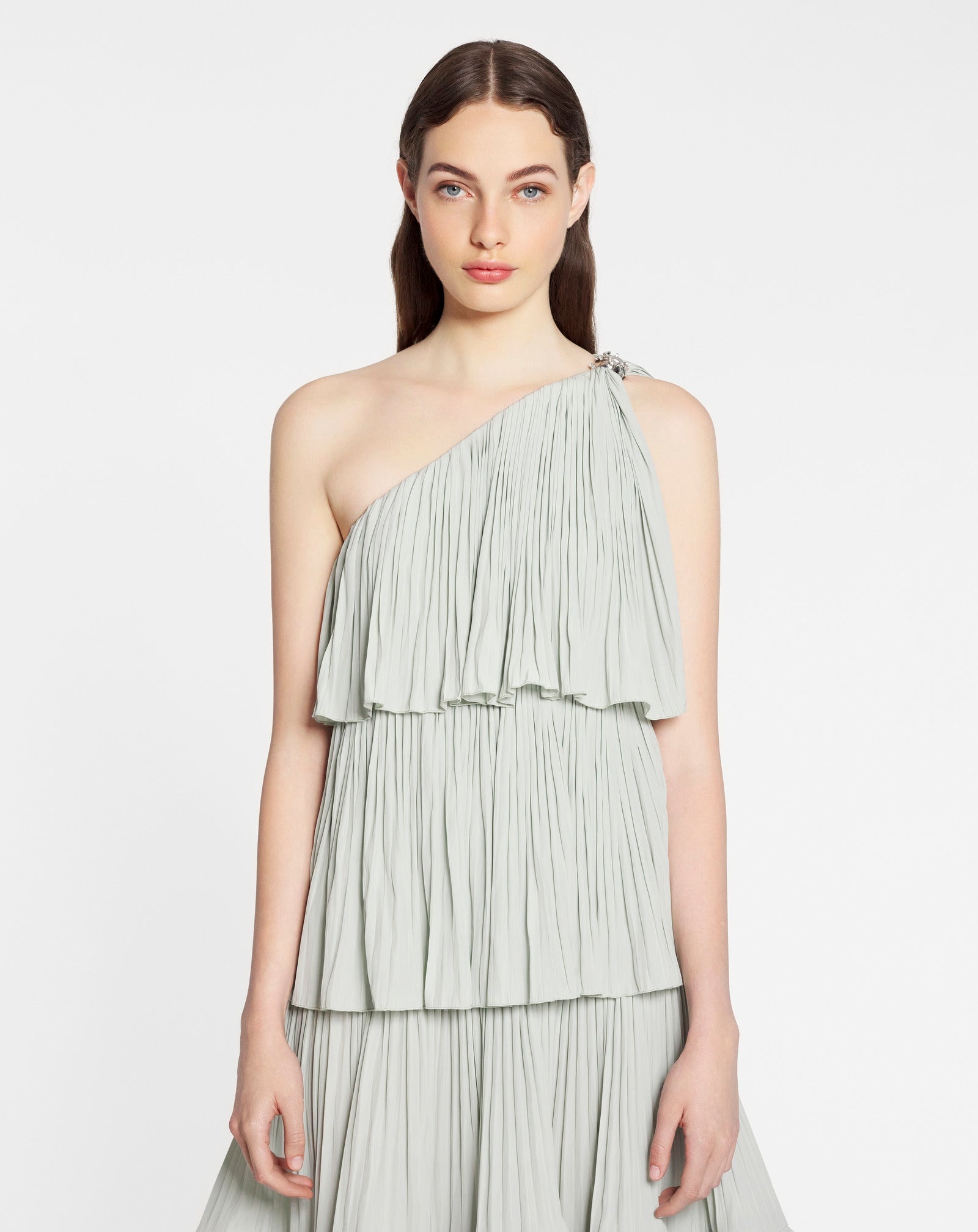 ASYMETRIC 3 LAYER DRESS WITH RUFFLES IN CHARMEUSE - 3