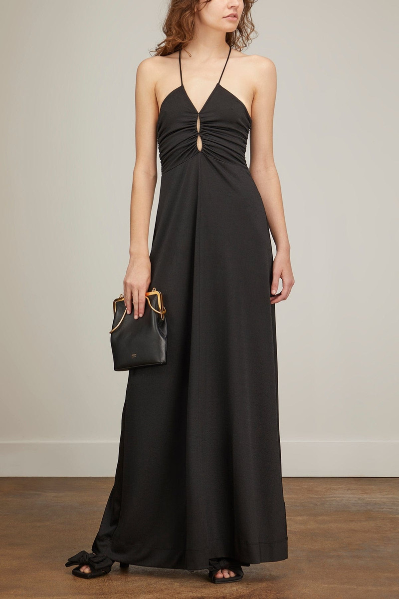 GANNI Shiny Crepe Jersey Long Dress in Black outlook