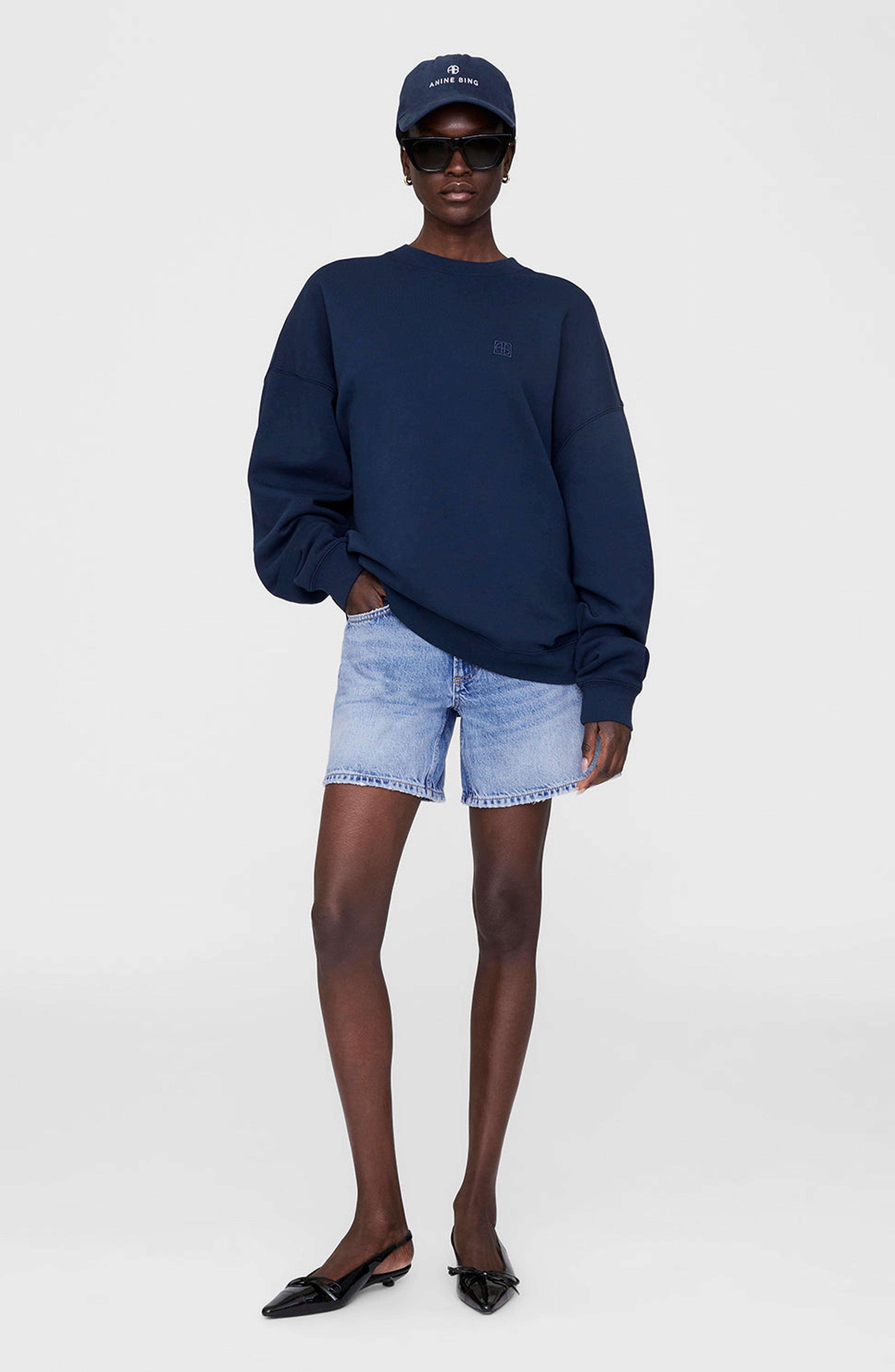 ANINE BING Miles Sweatshirt Framed Monogram in Washed Navy at Nordstrom - 1