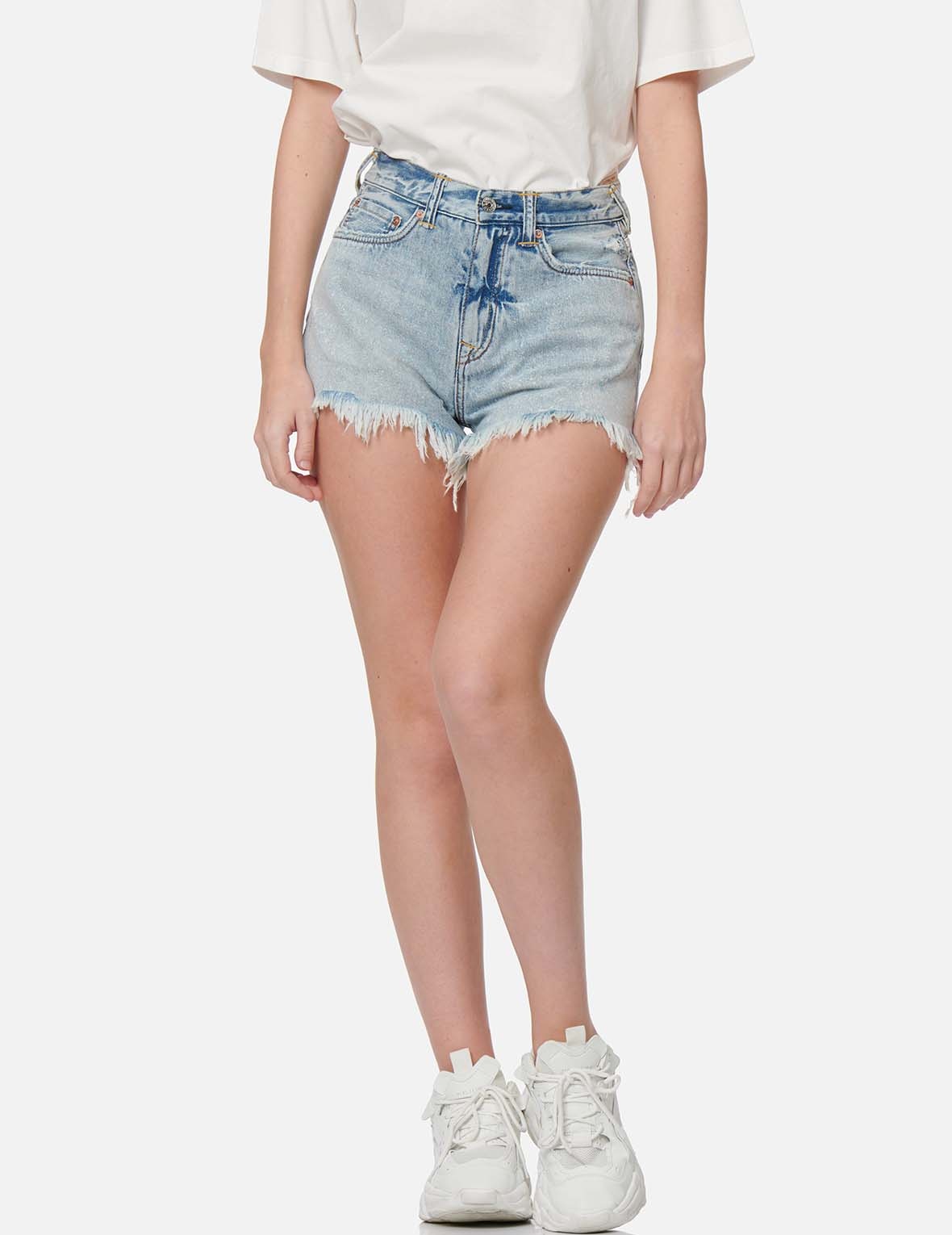 SEAGULL AND SLOGAN PRINT DENIM SHORTS - 4