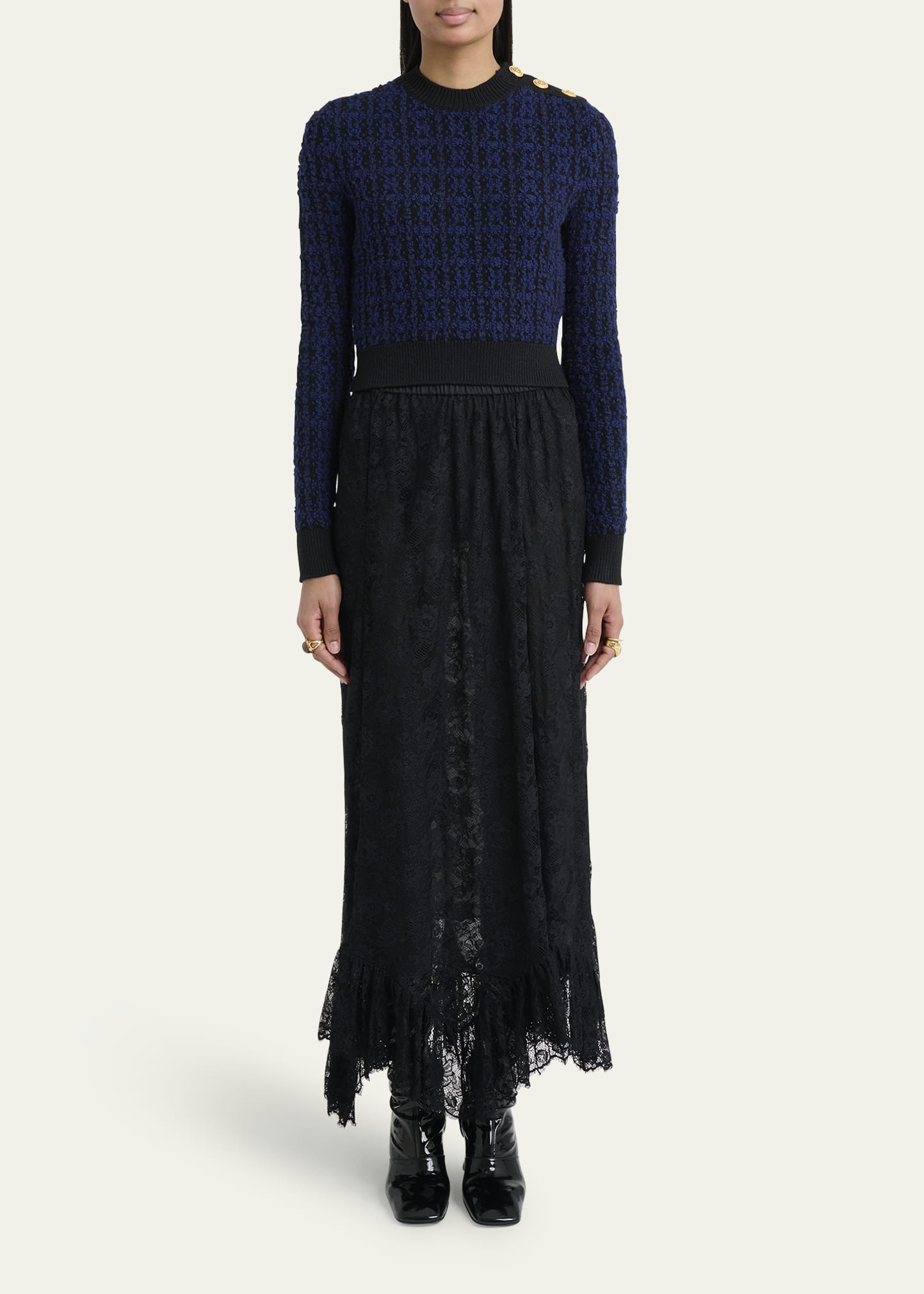 Button-Shoulder Boucle Knit Crop Sweater - 2