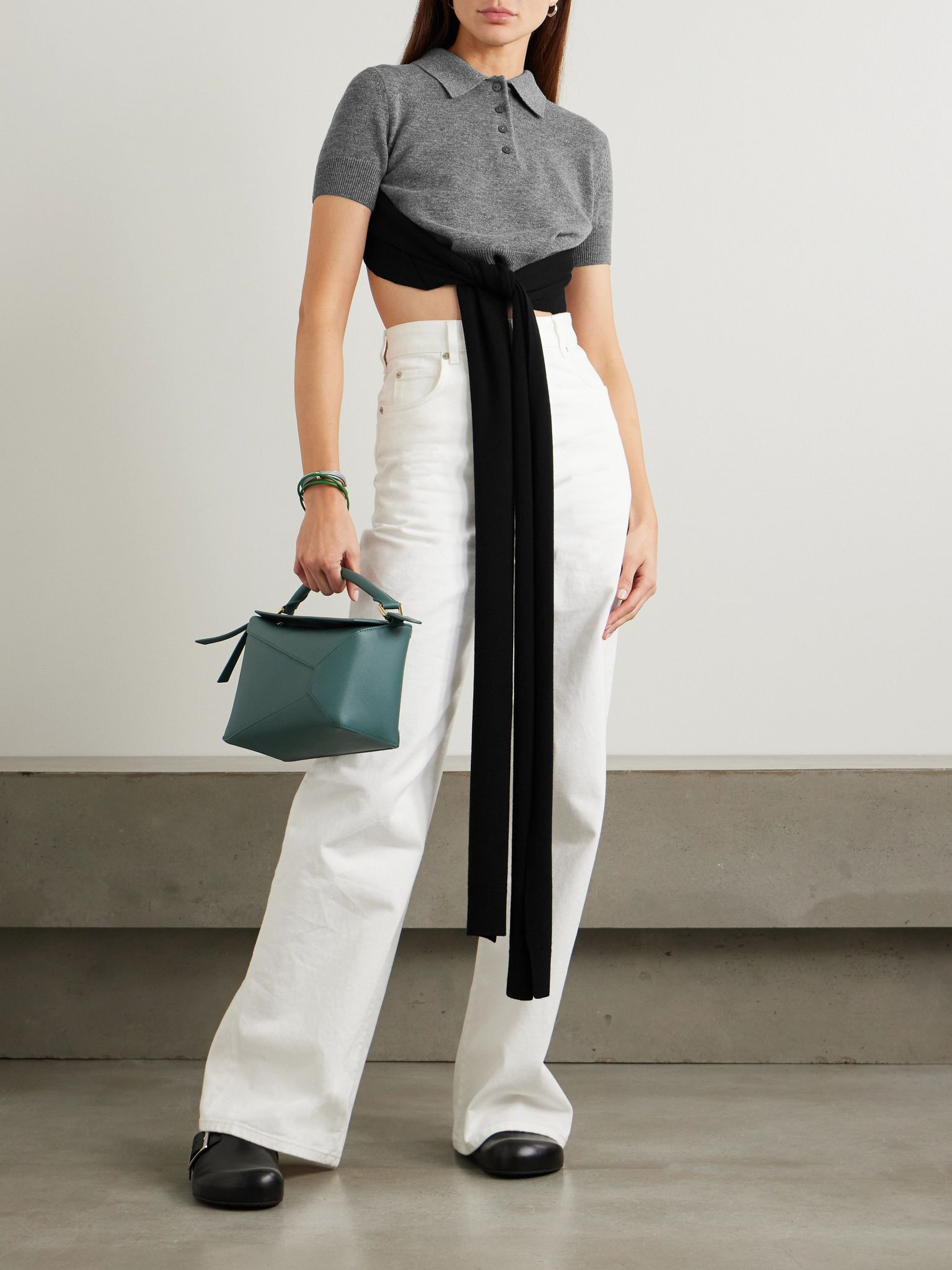 Cropped open-back tie-front wool-blend polo shirt Gray - 2
