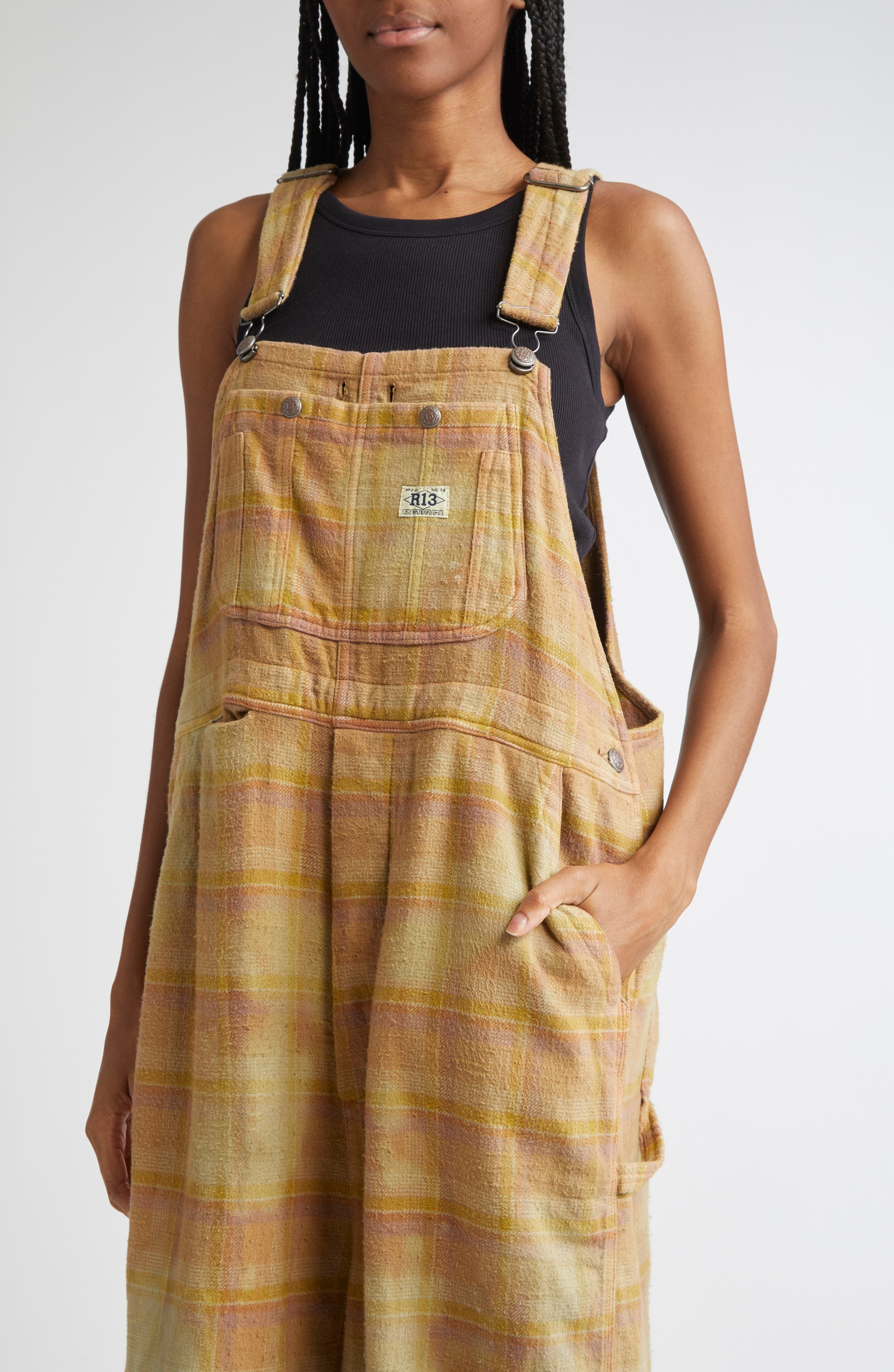 R13 Overdyed Plaid Cotton Flannel Jumbo Overalls in Overdyed Khaki Plaid at Nordstrom - 4