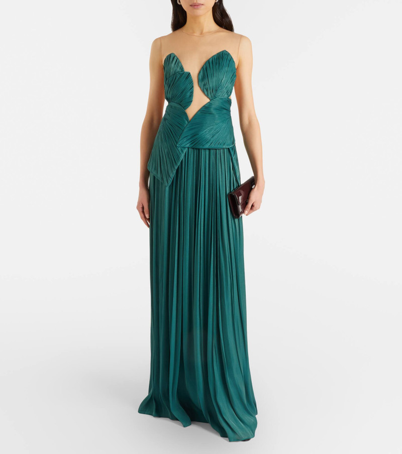 COSTARELLOS Serenne trompe l'œil pleated lamé gown outlook