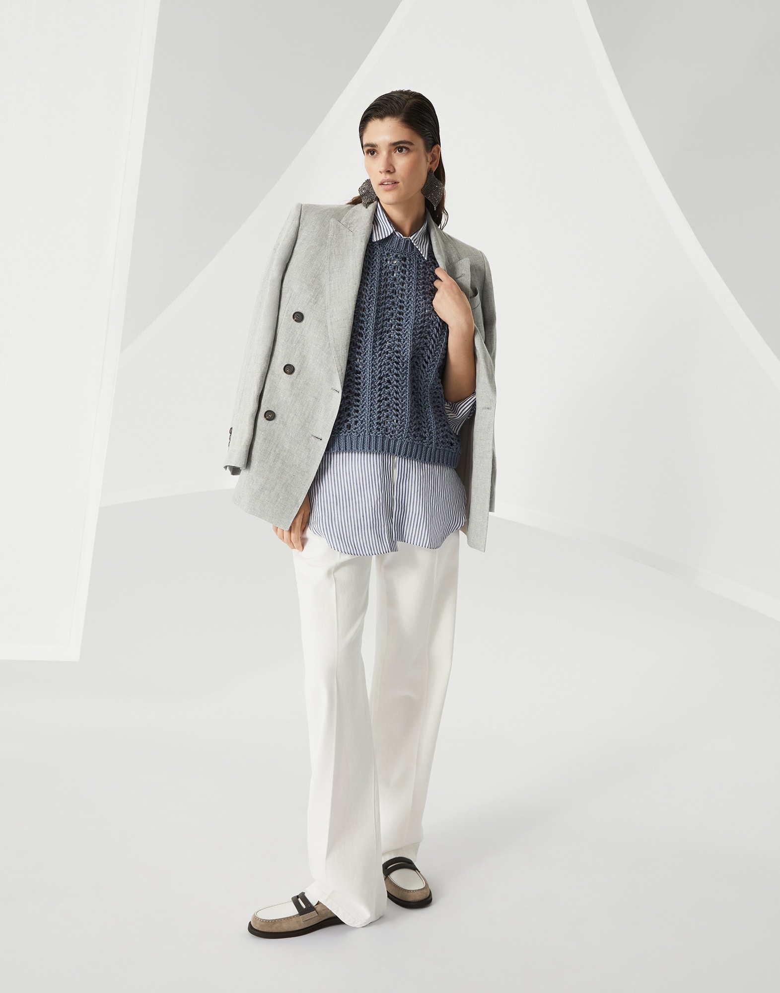 Linen sparkling canvas blazer with monili - 5