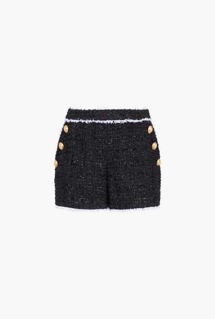 High-waisted black and white tweed shorts - 1