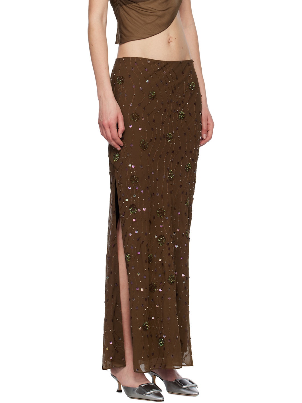 Brown Beaded Maxi Skirt - 2
