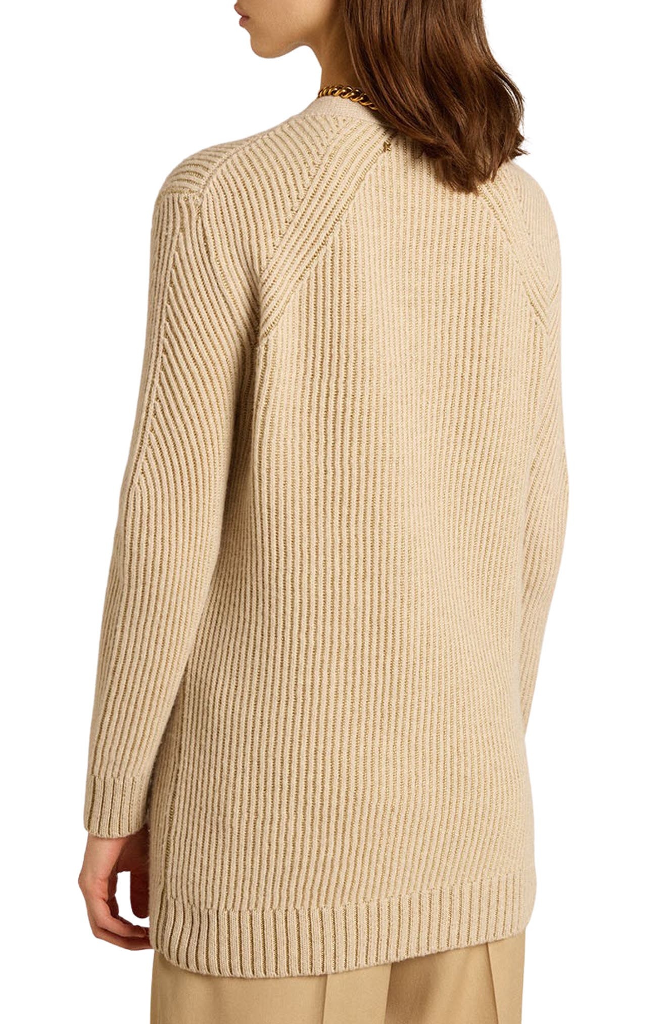 Golden Goose Chain Detail Wool Blend Rib Cardigan in Lambs Wool/Gold at Nordstrom - 2