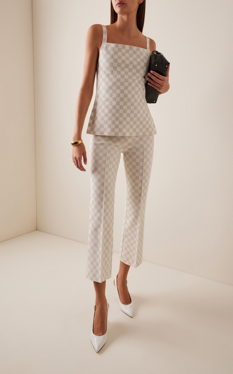 HIGH SPORT Exclusive Kick Checked Stretch-Cotton Knit Cropped Flared Pants ivory outlook