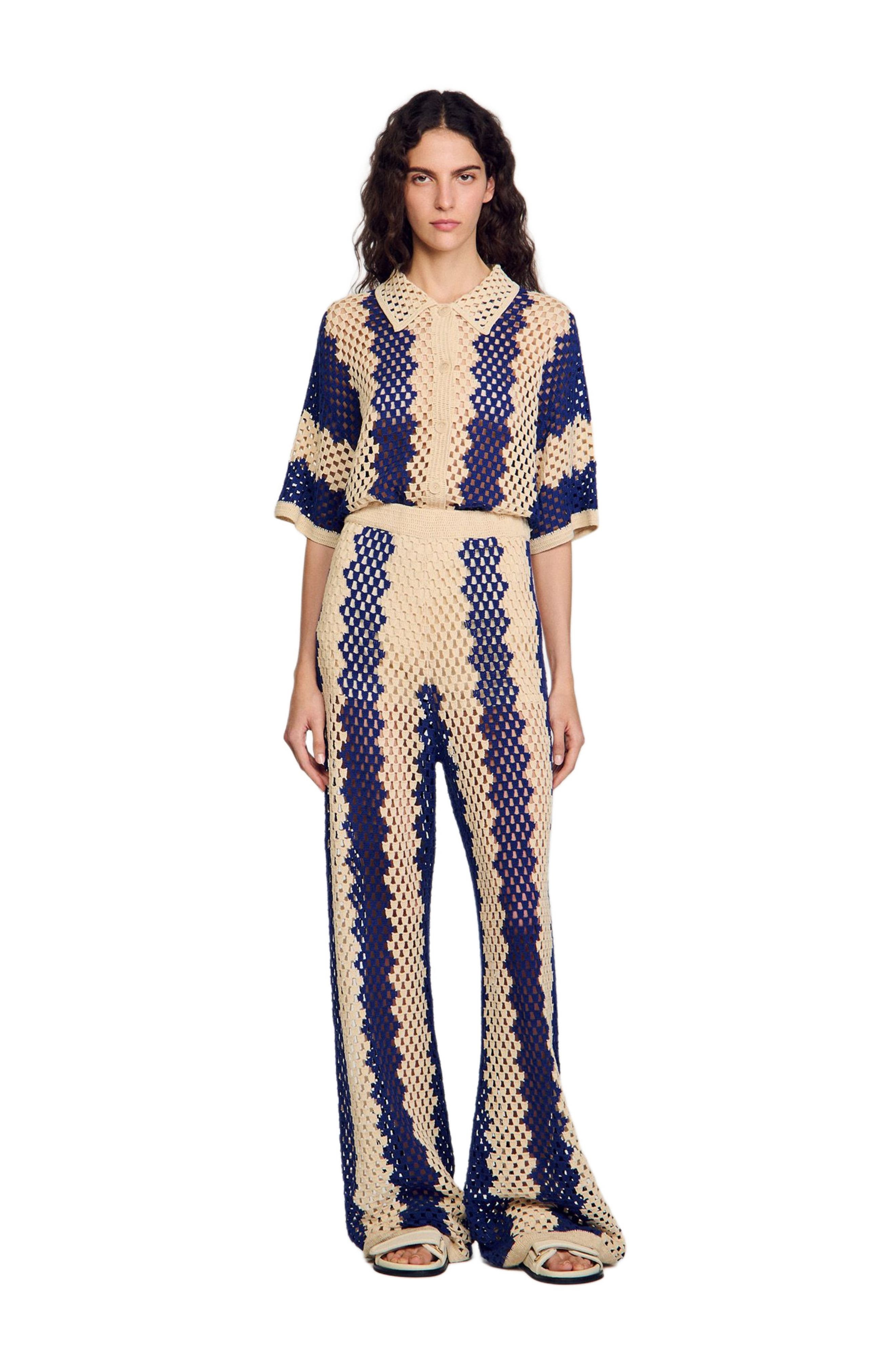 SANDRO Two-tone open weave trousers in Blue /Ecru at Nordstrom - 1